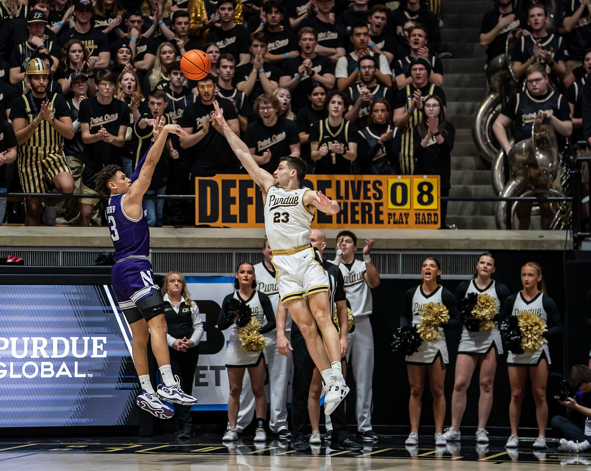 WEST LAFAYETTE, IN - JANUARY 31, 2024: Northwestern Senior Guard Ty Berry (3), Purdue Redshirt Freshman Forward Camden Heide (23) competing in Purdue Boilermakers Mens Basketball versus the Northwestern Wildcats at Mackey Arena(Photo by Steve Bowen / Bowen Arrow Photography / Northern Indiana Sports Report)