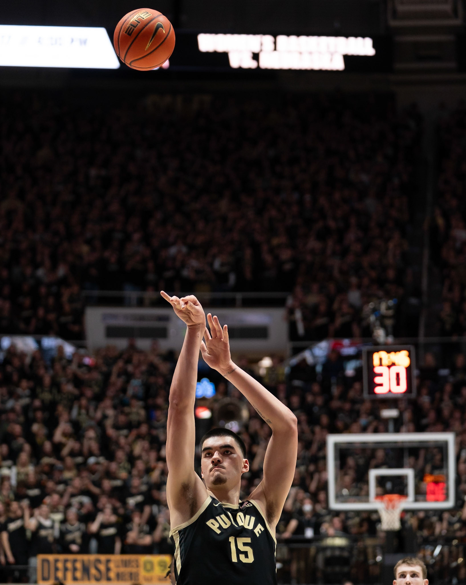 WEST LAFAYETTE, IN - FEBRUARY 10, 2024: Purdue Senior Center Zach Edey (15) in Purdue Boilermaker vs Indiana Hoosiers Basketball at Mackey Arena(Photo by Steve Bowen / Bowen Arrow Photography / Northern Indiana Sports Report)
