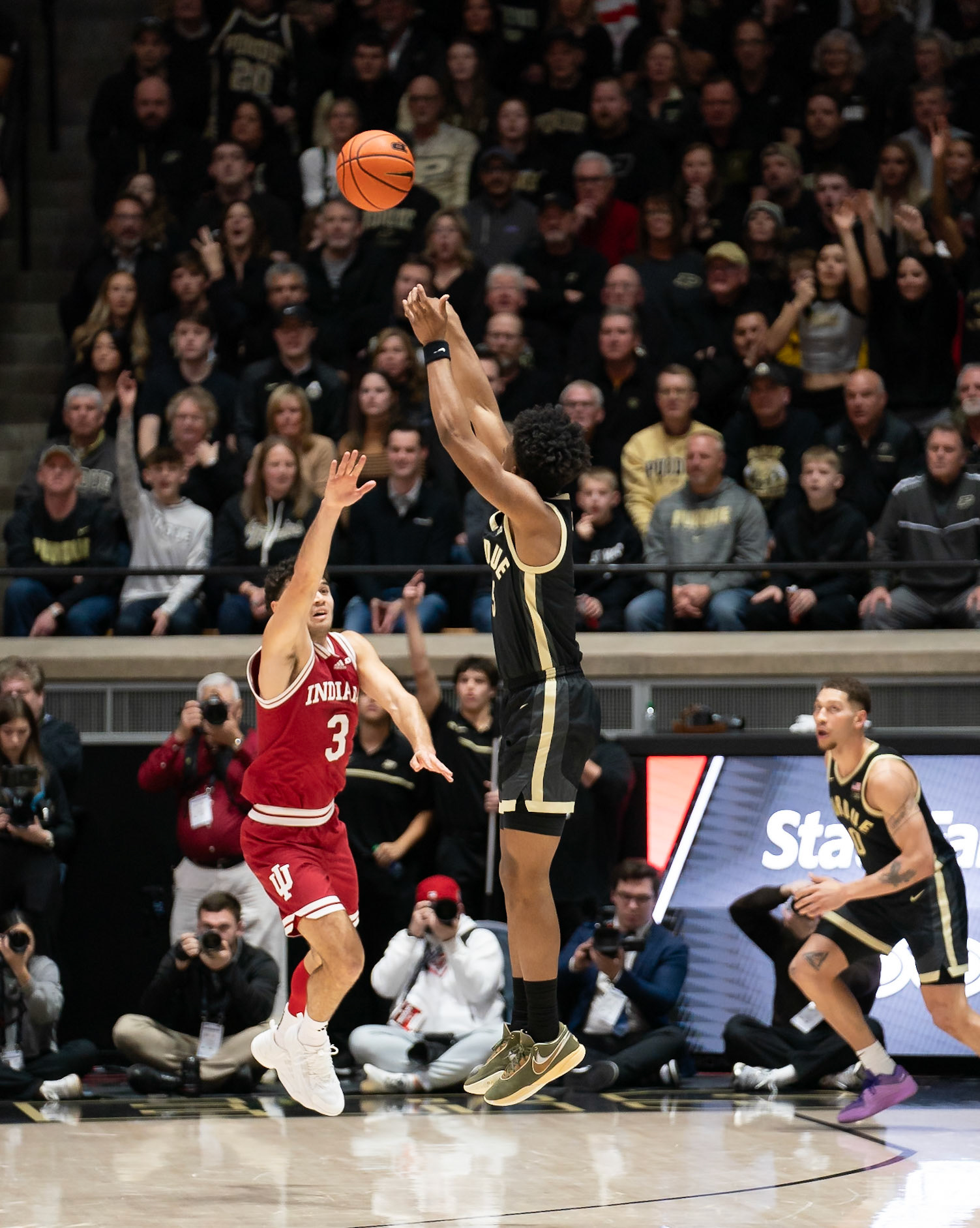 WEST LAFAYETTE, IN - FEBRUARY 10, 2024: Purdue Freshman Guard Myles Colvin (5), Indiana Senior Guard Anthony Leal (3) in Purdue Boilermaker vs Indiana Hoosiers Basketball at Mackey Arena(Photo by Steve Bowen / Bowen Arrow Photography / Northern Indiana Sports Report)