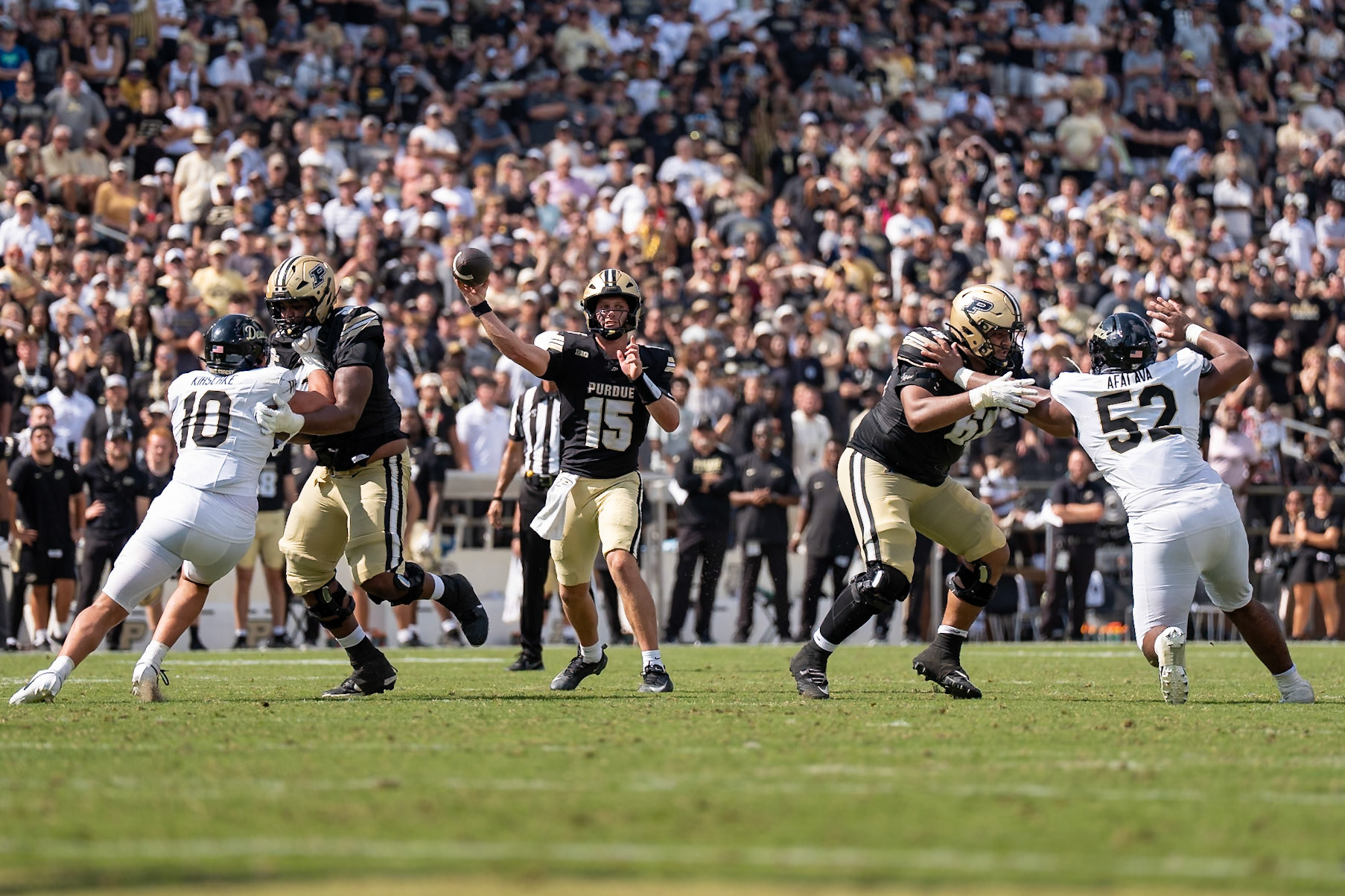 WEST LAFAYETTE, IN - SEPTEMBER 12, 2026: Purdue University Quarterback Ryan Browne (15) throws a pass while being protected from his offensive line during the Purdue Boilermakers football game vs the Wake Forest Demon Deacons at Ross-Ade Stadium(Photo by Steve Bowen / Northern Indiana Sports Report)