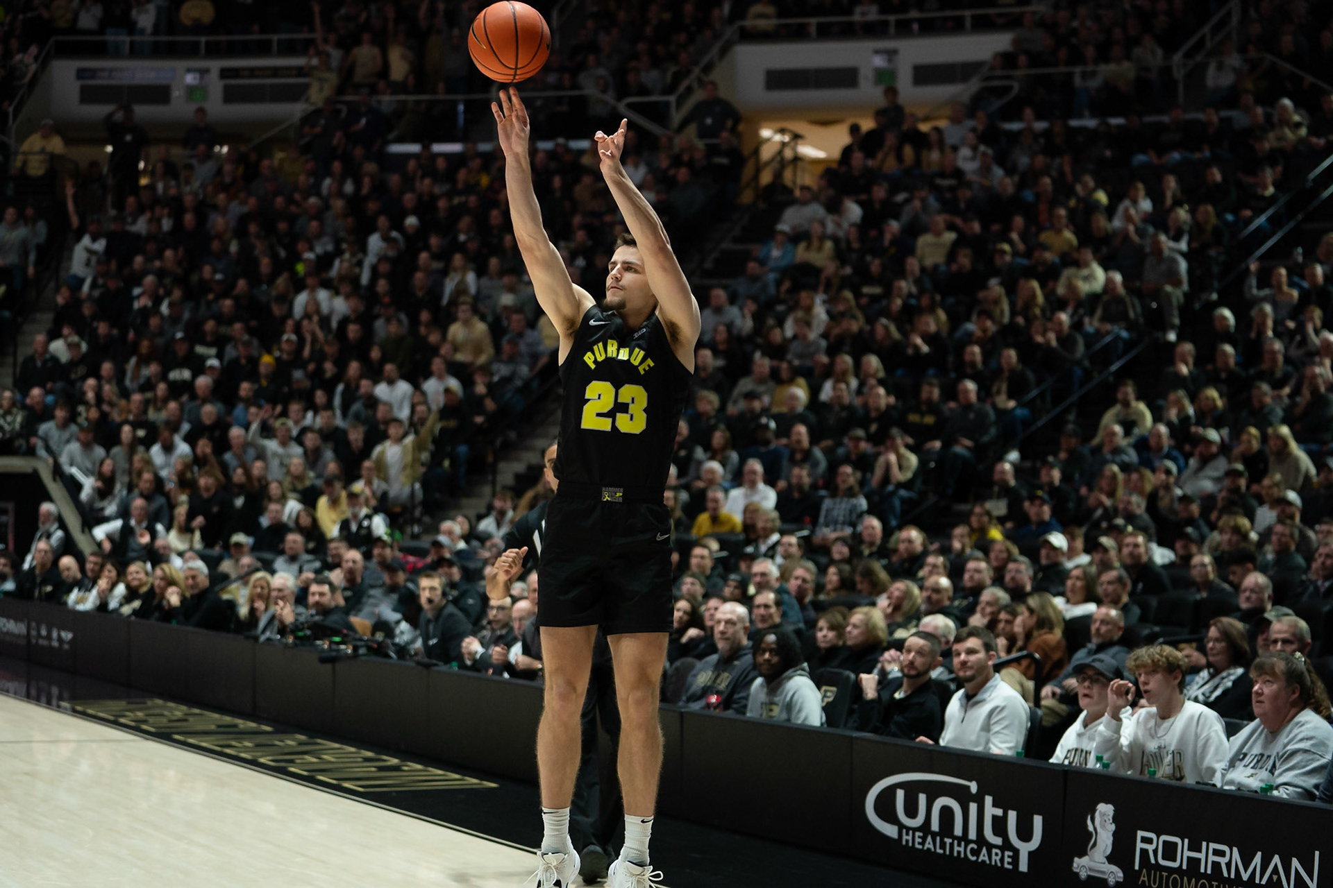 WEST LAFAYETTE, IN - JANUARY 23, 2024: Purdue Redshirt Freshman Forward Camden Heide (23) competing in Purdue versus Michigan Mens Basketball at Mackey Arena(Photo by Steve Bowen / Bowen Arrow Photography / Northern Indiana Sports Report)