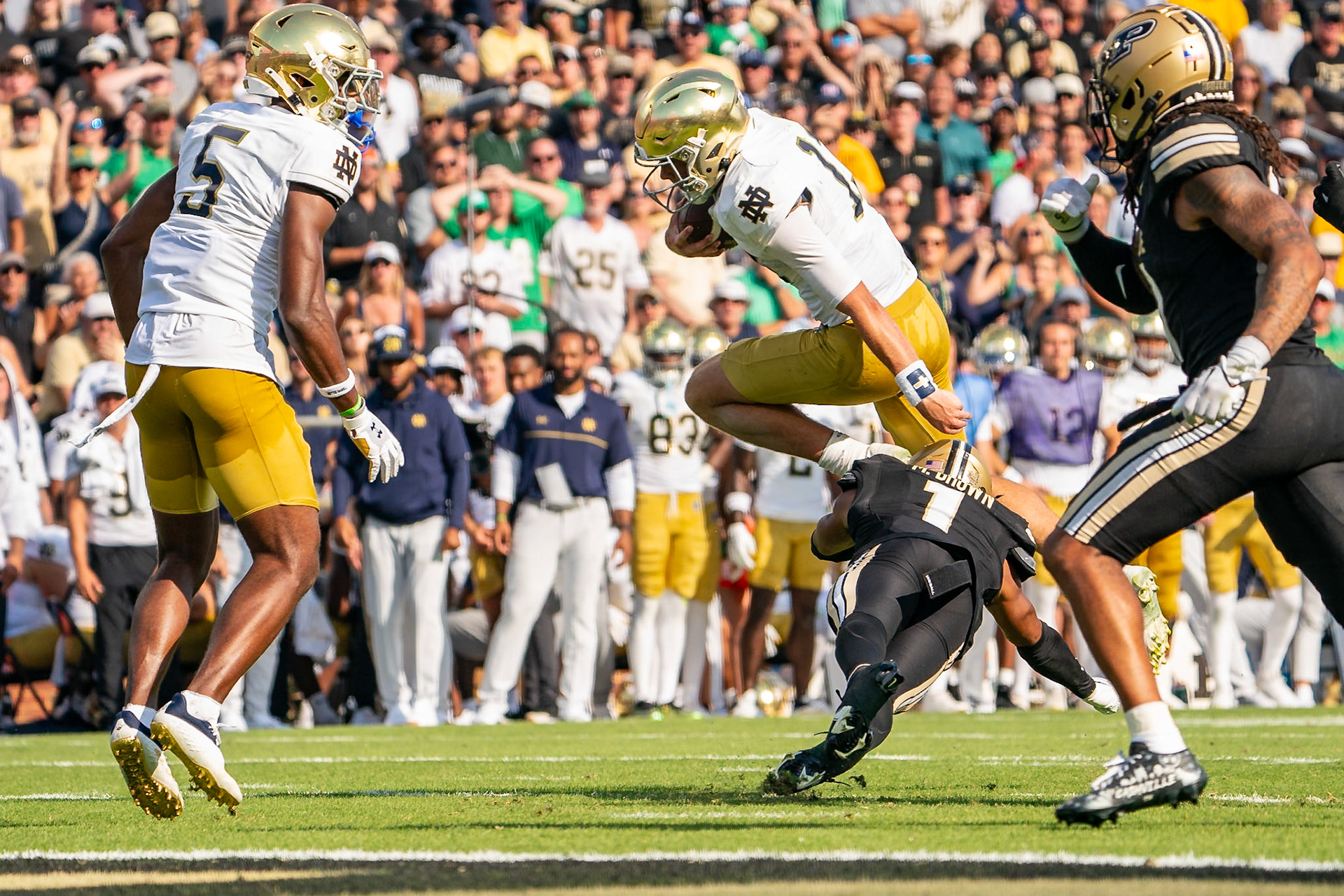WEST LAFAYETTE, IN - SEPTEMBER 14, 2024: Notre Dame Senior QB Riley Leonard (13), Purdue Sr. Defensive Back Markevious Brown (1) during the Purdue University Boilermakers vs Notre Dame Fighting Irish Football game at Ross-Ade Stadium(Photo by Steve Bowen / Bowen Arrow Photography / Northern Indiana Sports Report)