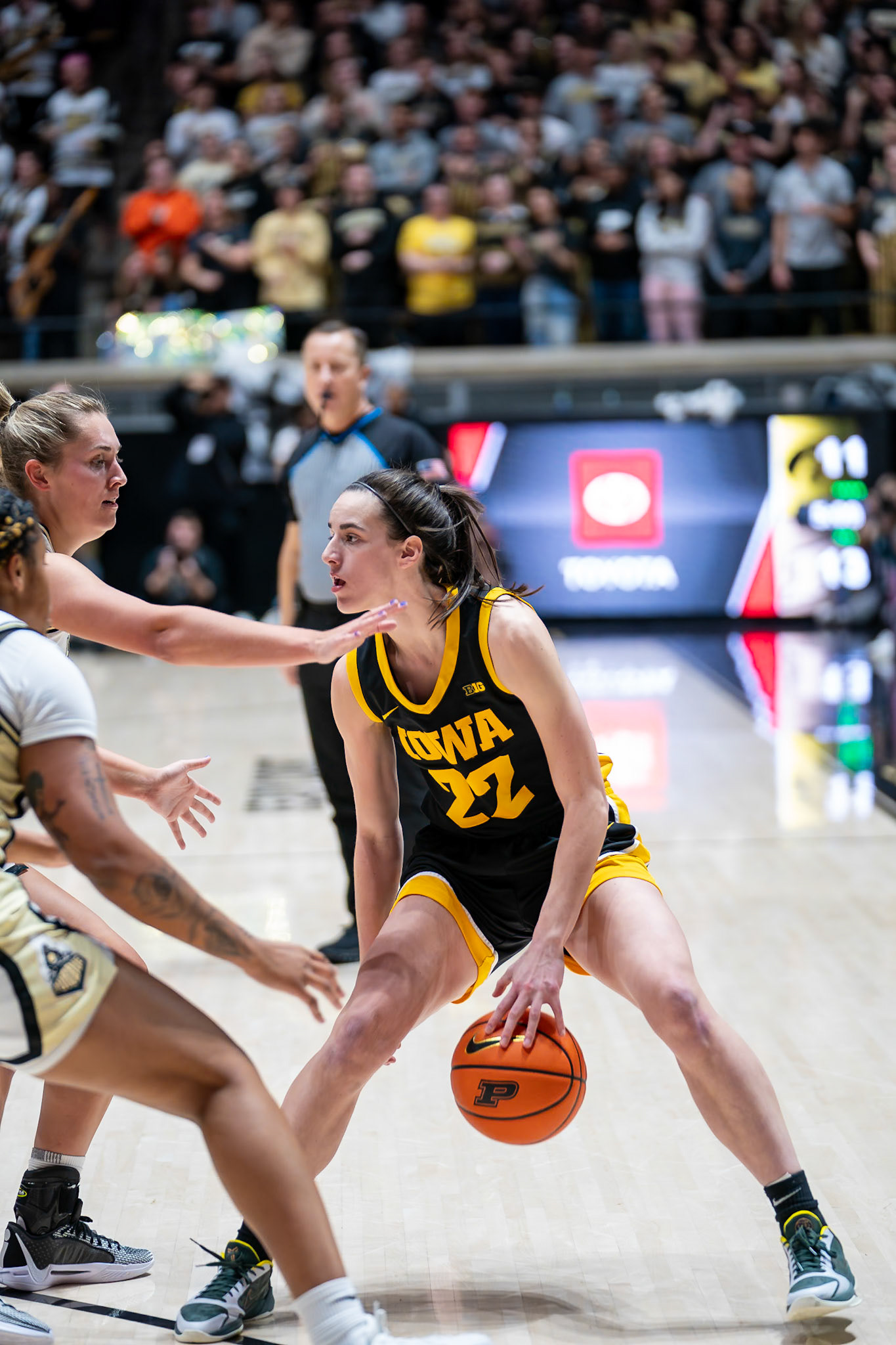 WEST LAFAYETTE, IN - JANUARY 10, 2024: Iowa Guard Senior Caitlin Clark (22) competing in Purdue Boilermaker Women's Basketball vs the Iowa Hawkeyes at Mackey Arena(Photo by Steve Bowen / Bowen Arrow Photography / Northern Indiana Sports Report)