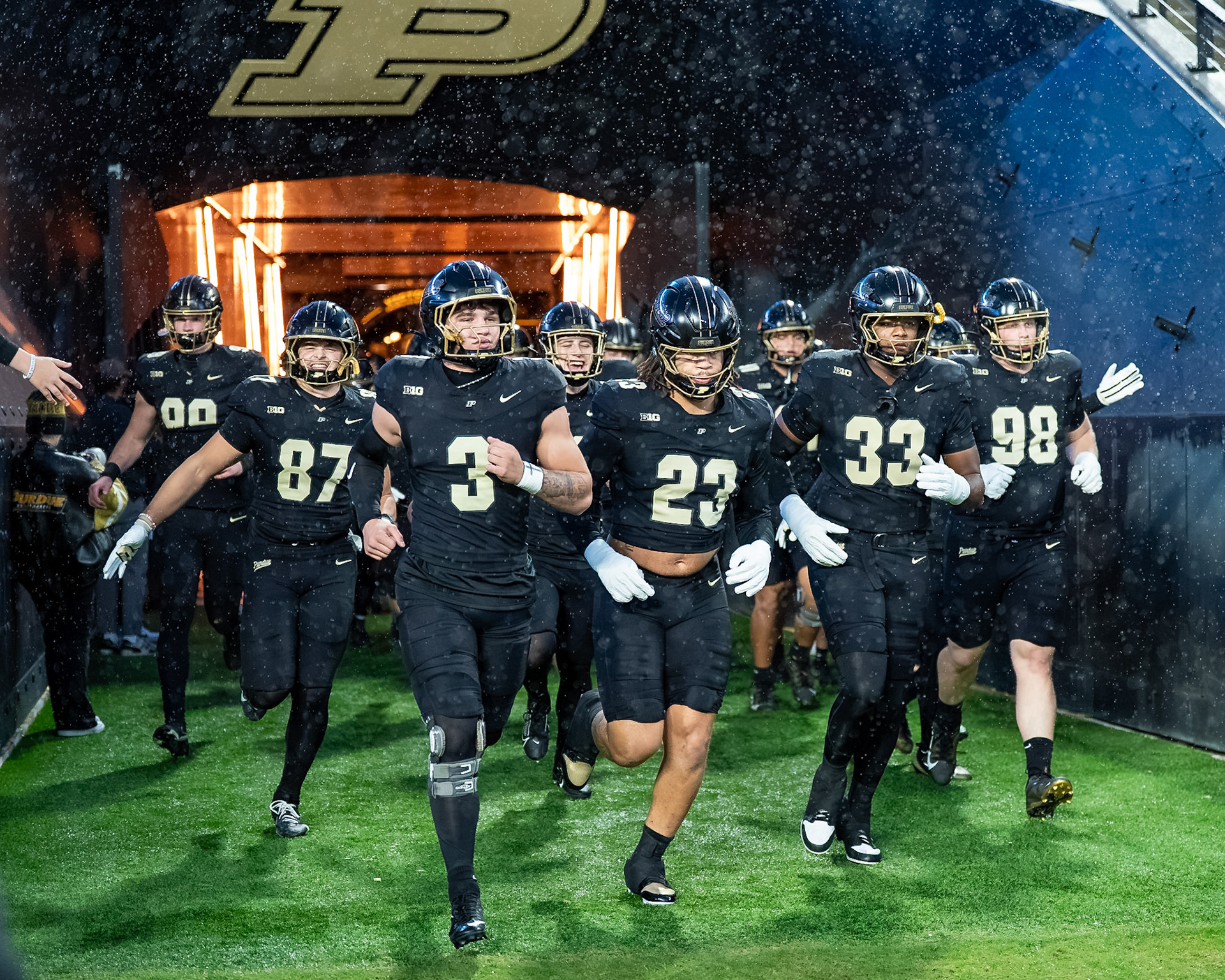 WEST LAFAYETTE, IN - OCTOBER 16, 2026: Purdue University Freshman Defensive Back Jett Goldsberry (3), Purdue University Senior Defensive End Trey Smith (23), Purdue University Freshman Defensive End Jeremy Lewis (33), Purdue University Sophomore Defensive Lineman Drake Carlson (98), Purdue University Junior Tight End Cooper McCutchan (87) during the Purdue Boilermakers vs Washington Huskies football game at Ross-Ade Stadium(Photo by Steve Bowen / Northern Indiana Sports Report)