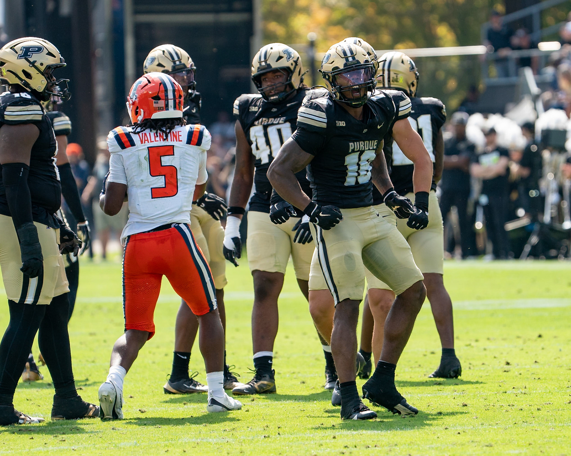WEST LAFAYETTE, IN - OCTOBER 4, 2025: Purdue University Senior Linebacker Mani Powell (16) celebrates a stop during the Purdue Boilermaker Football vs University of Illinois Fighting Illini at Ross-Ade Stadium(Photo by Steve Bowen / Northern Indiana Sports Report)