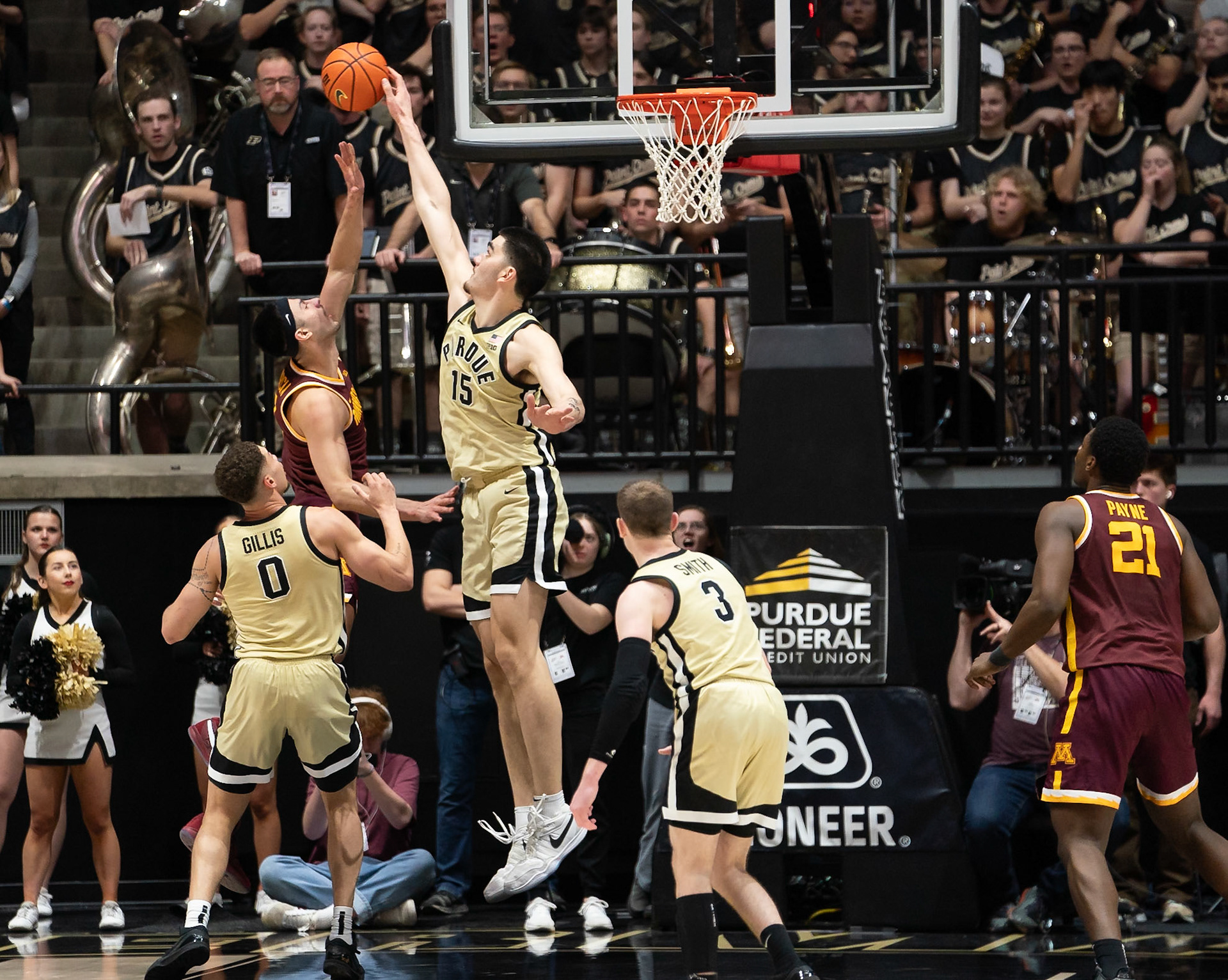 WEST LAFAYETTE, IN - FEBRUARY 15, 2024: Purdue Senior Center Zach Edey (15), Minnesota Junior Forward Dawson Garcia (3) in Purdue Boilermakers Men's Basketball vs the Minnesota Golden Gophers at Mackey Arena(Photo by Steve Bowen / Bowen Arrow Photography / Northern Indiana Sports Report)