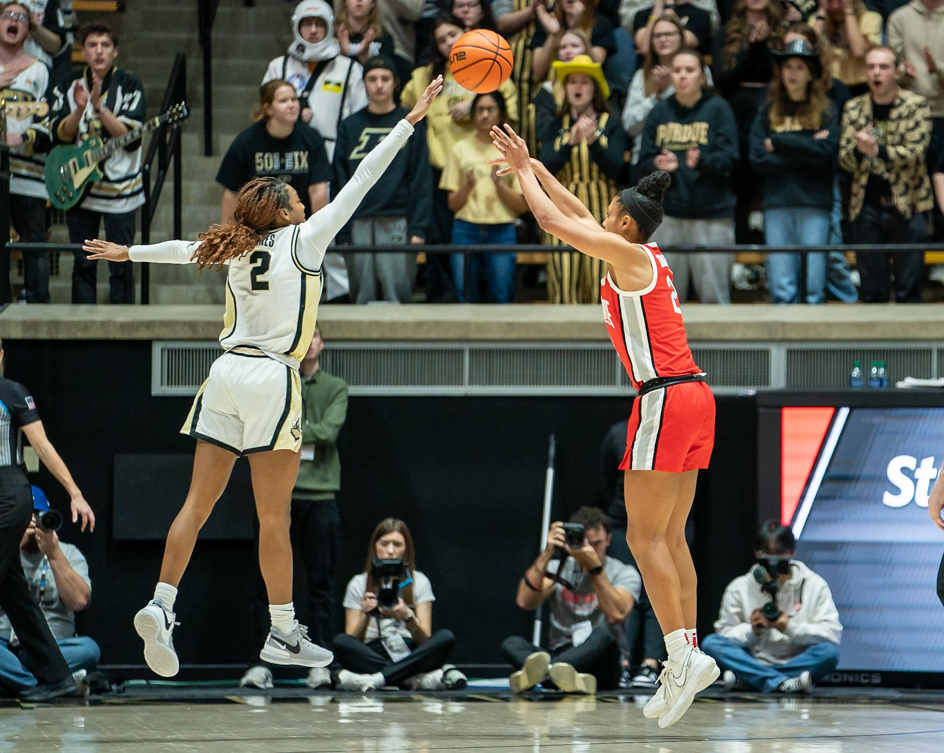 WEST LAFAYETTE, IN - JANUARY 28, 2024: Ohio State Guard/Forward Junior Taylor Thierry (2), Purdue Freshman Guard Rashunda Jones (2) competing in Purdue Boilermaker Women's Basketball versus the Ohio State Buckeyes at Mackey Arena(Photo by Steve Bowen / Bowen Arrow Photography / Northern Indiana Sports Report)