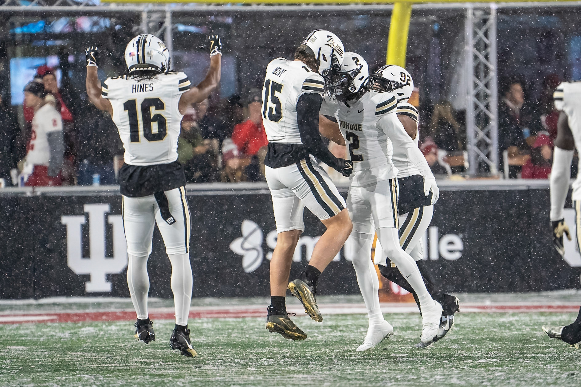BLOOMINGTON, IN - NOVEMBER 30, 2024: Purdue University Junior Defensive Back Nyland Green (2), Purdue University Sophomore Rush End Will Heldt (15), Purdue University Freshman Defensive Back Hudauri Hines (16) during the Purdue University Boilermakers at Indiana University Hoosiers Football game at Memorial Stadium(Photo by Steve Bowen / Bowen Arrow Photography / Northern Indiana Sports Report)