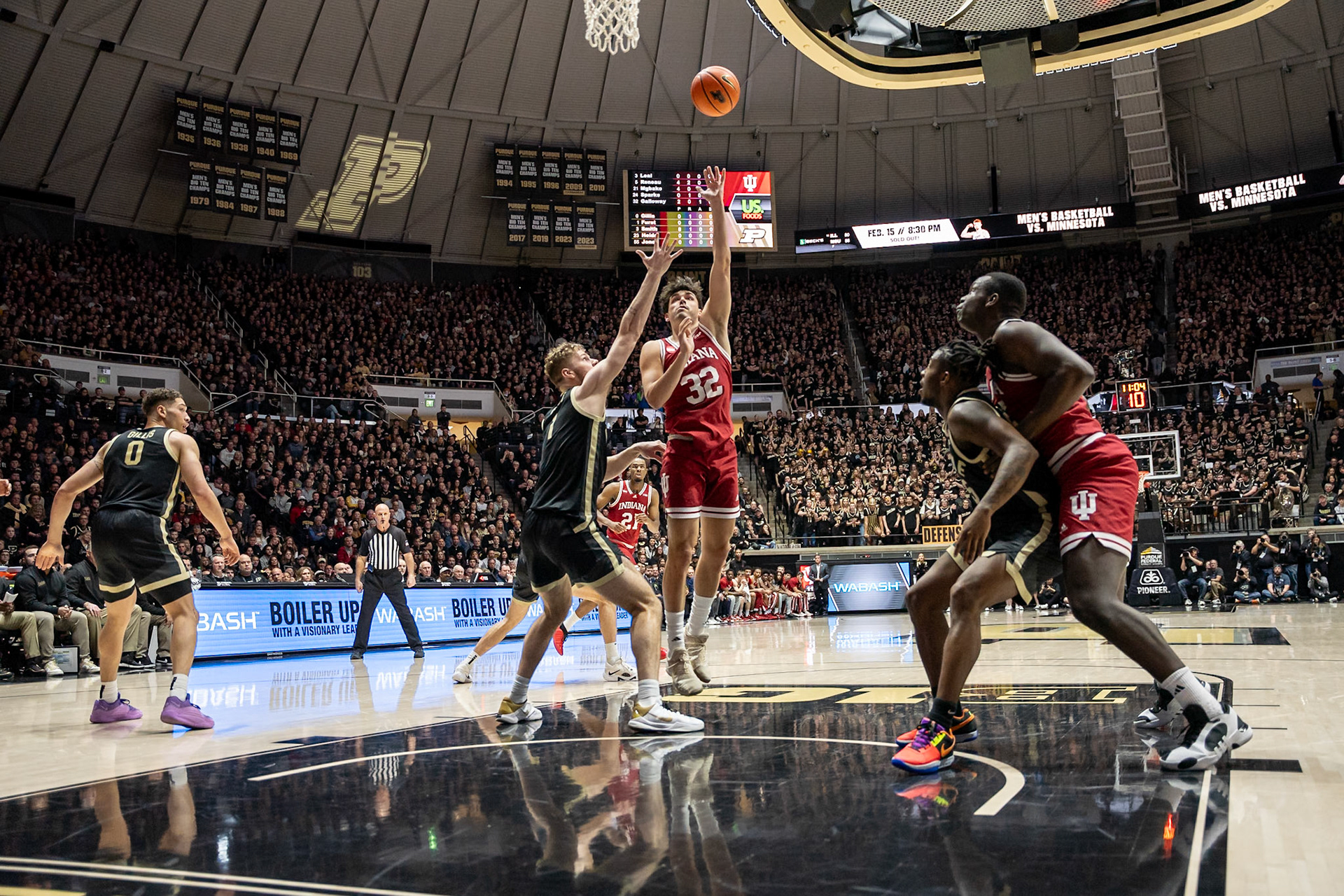 WEST LAFAYETTE, IN - FEBRUARY 10, 2024: Indiana Senior Guard Trey Galloway (32), Purdue Junior Forward Caleb Furst (1) in Purdue Boilermaker vs Indiana Hoosiers Basketball at Mackey Arena(Photo by Steve Bowen / Bowen Arrow Photography / Northern Indiana Sports Report)