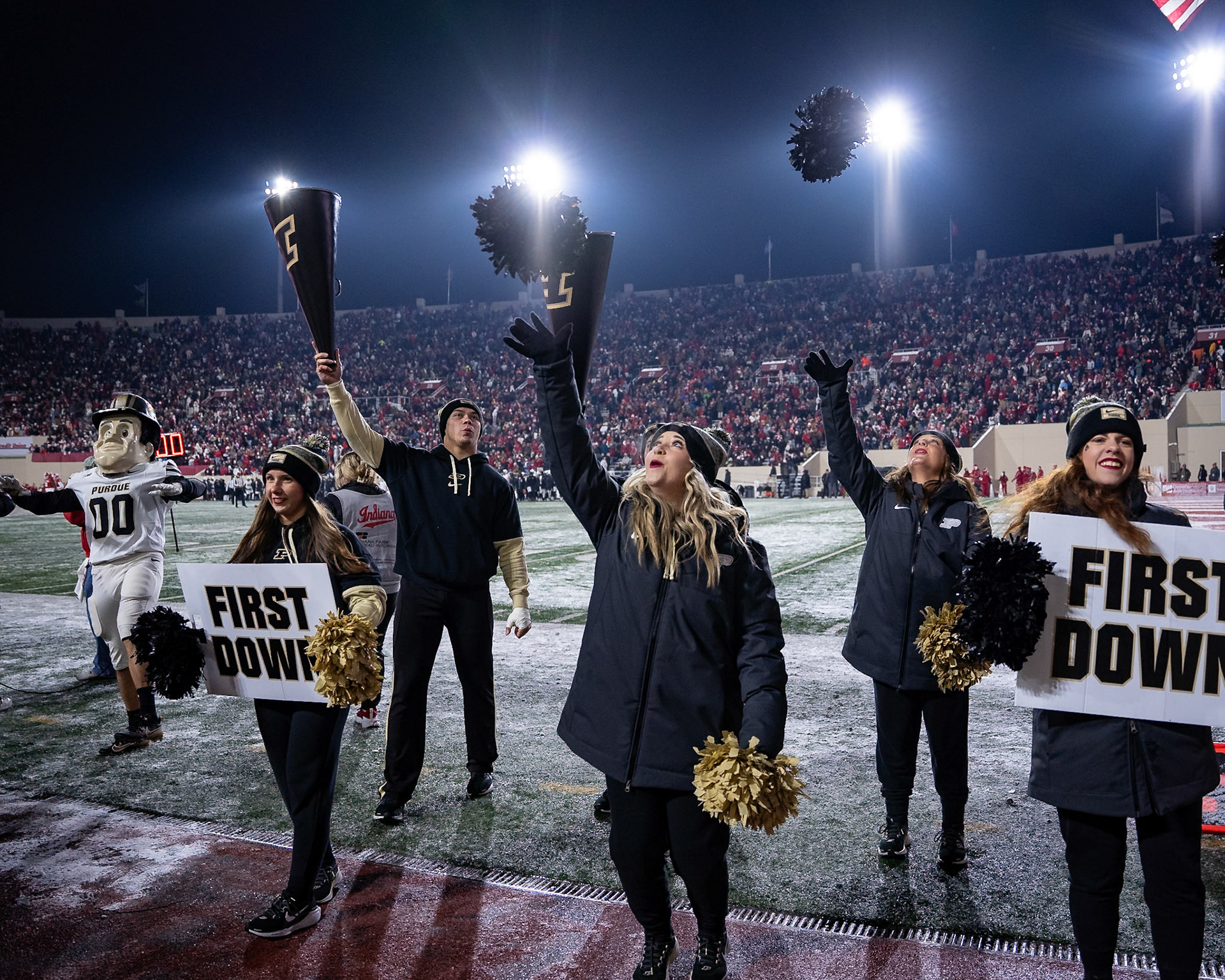 BLOOMINGTON, IN - NOVEMBER 30, 2024: Purdue University Spirit Squad Cheerleading during the Purdue University Boilermakers at Indiana University Hoosiers Football game at Memorial Stadium(Photo by Steve Bowen / Bowen Arrow Photography / Northern Indiana Sports Report)