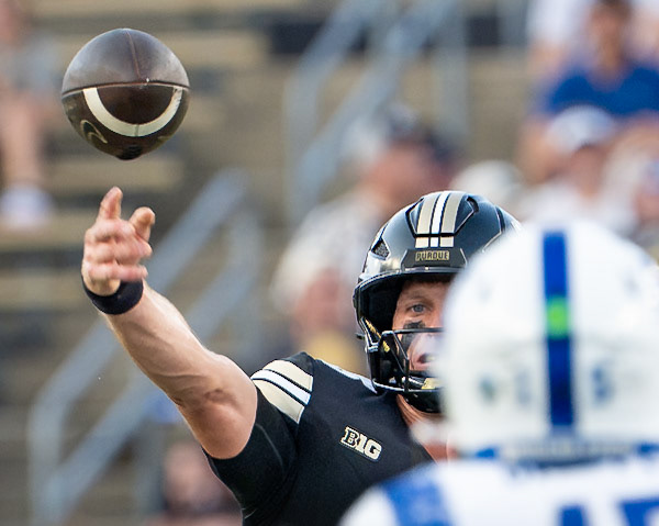 WEST LAFAYETTE, IN - SEPTEMBER 4, 2026: Purdue University Freshman Running Back Antonio Harris (22), Indiana State University Linebacker Braxton Sampson (42) passing the ball during the Purdue Boilermaker Football game vs the Indiana State Sycamores at Ross-Ade Stadium(Photo by Steve Bowen / Northern Indiana Sports Report)