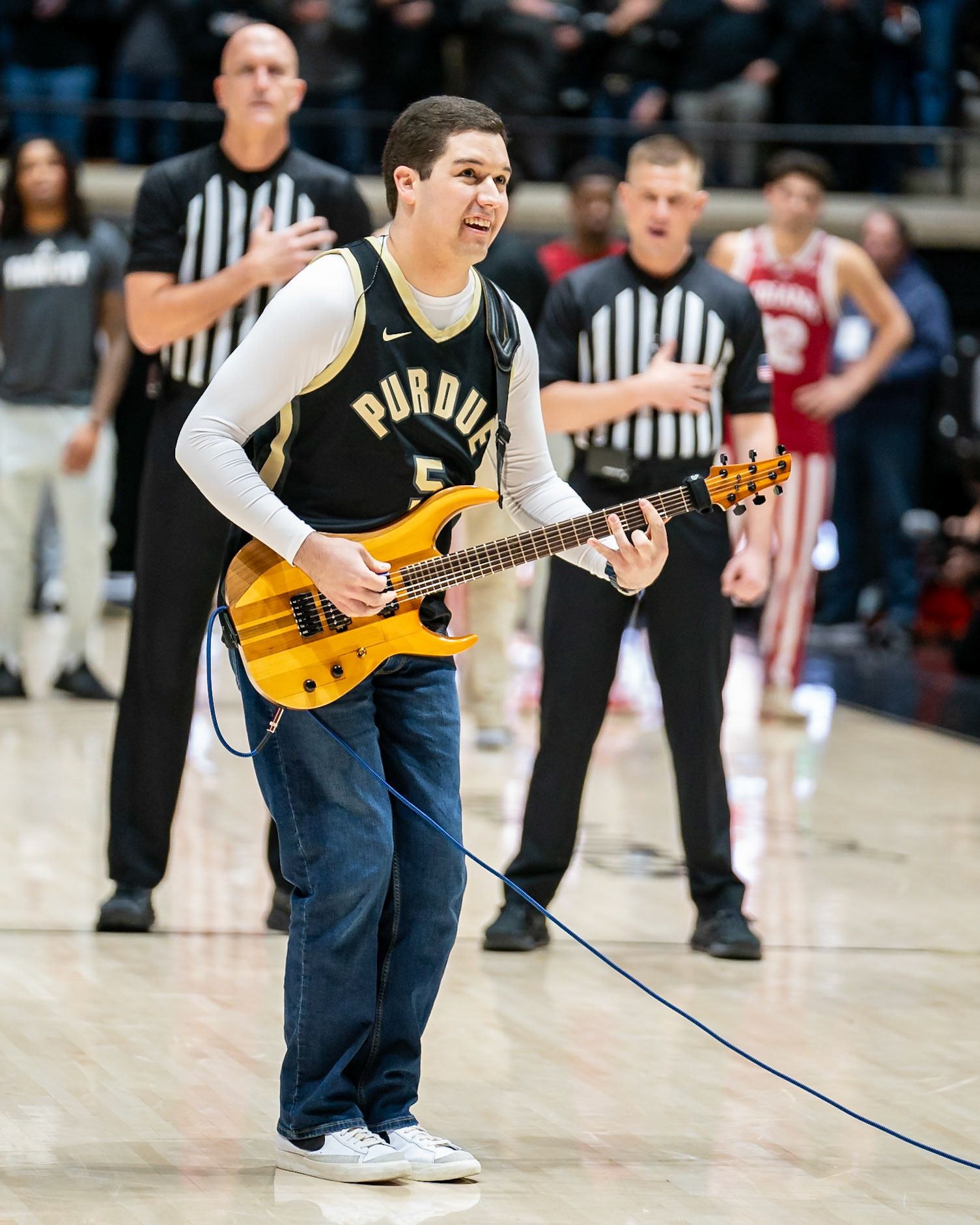 WEST LAFAYETTE, IN - FEBRUARY 10, 2024: Noah Scott, Mackey Guitar in Purdue Boilermaker vs Indiana Hoosiers Basketball at Mackey Arena(Photo by Steve Bowen / Bowen Arrow Photography / Northern Indiana Sports Report)
