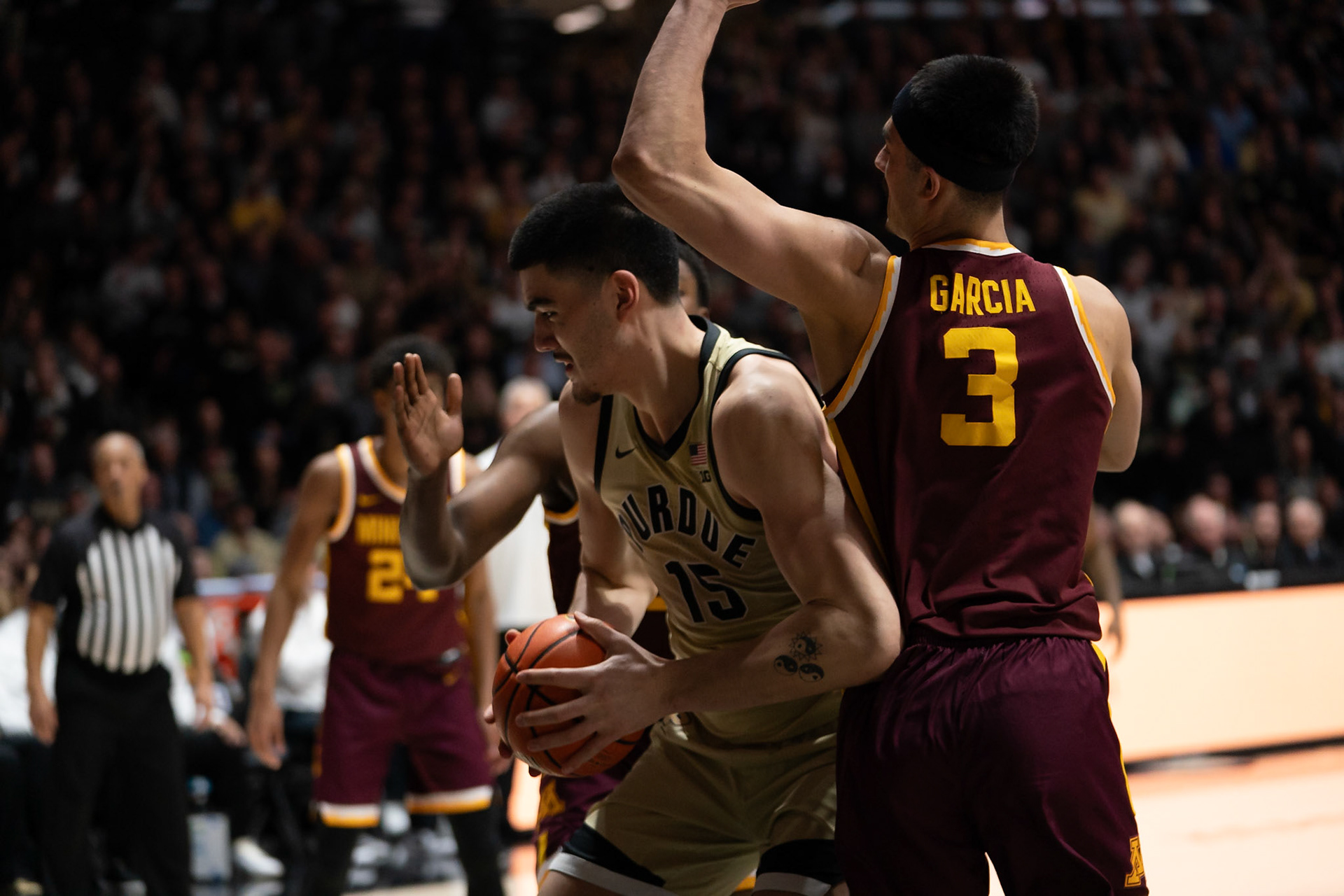 WEST LAFAYETTE, IN - FEBRUARY 15, 2024: Purdue Senior Center Zach Edey (15), Minnesota Junior Forward Dawson Garcia (3) in Purdue Boilermakers Men's Basketball vs the Minnesota Golden Gophers at Mackey Arena(Photo by Steve Bowen / Bowen Arrow Photography / Northern Indiana Sports Report)