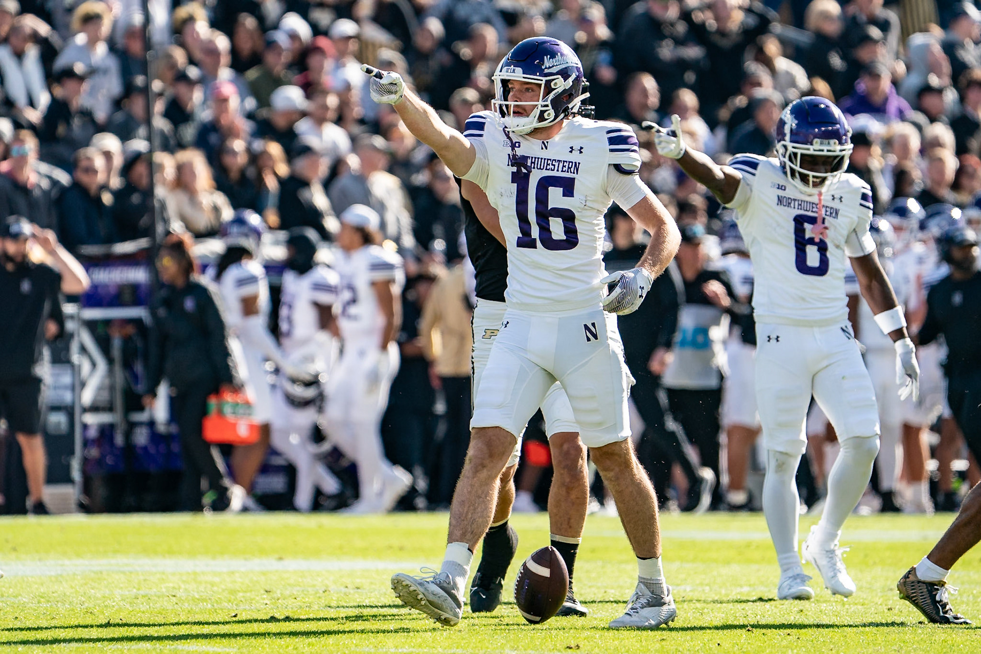 WEST LAFAYETTE, IN - NOVEMBER 2, 2024: Northwestern University Wide Receiver Frank Covey IV (16) after catching a first down pass during the Purdue University Boilermakers vs Northwestern University Wildcats Football game at Ross-Ade Stadium(Photo by Steve Bowen / Bowen Arrow Photography / Northern Indiana Sports Report)