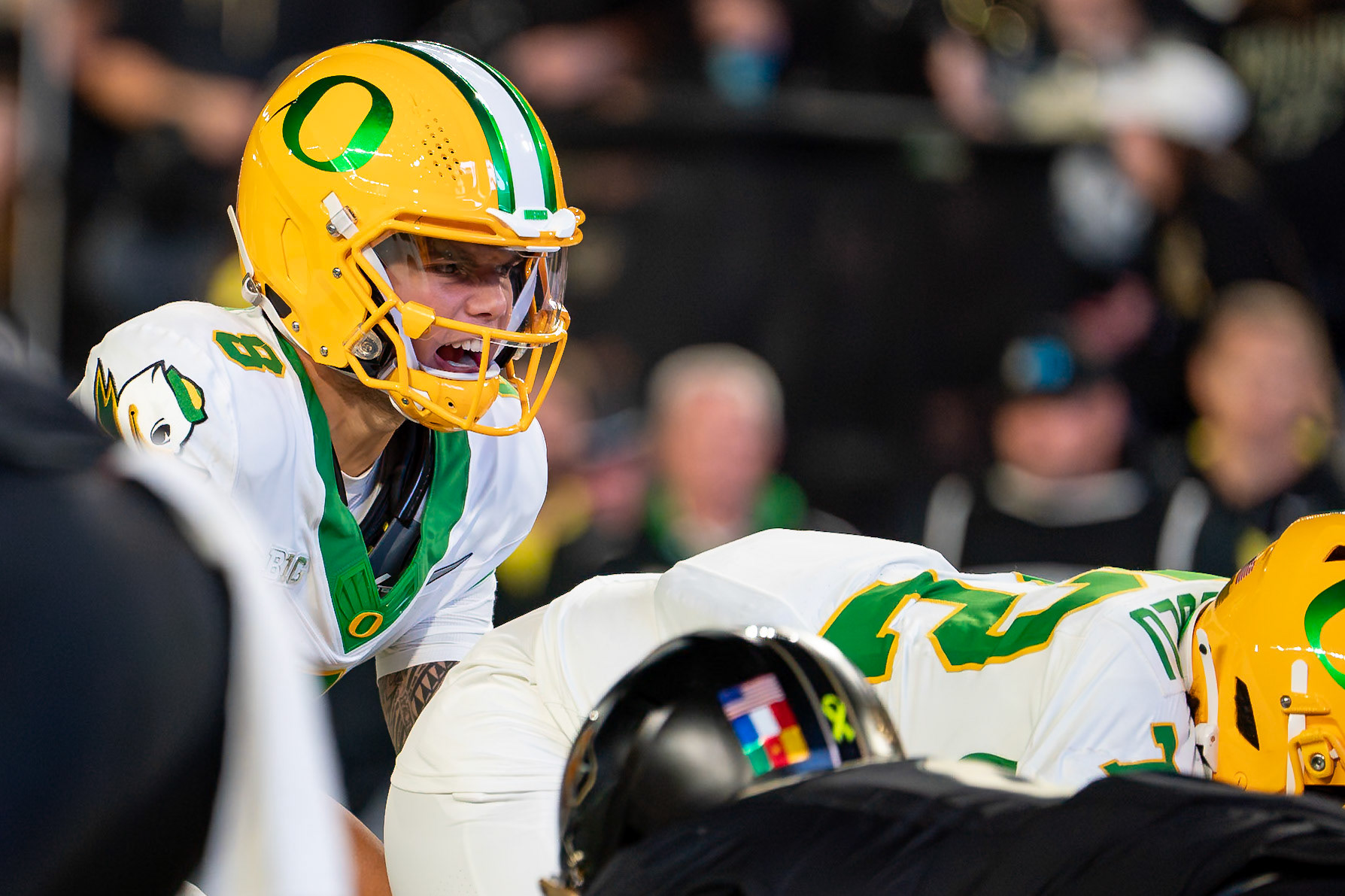 WEST LAFAYETTE, IN - OCTOBER 18, 2024: University of Oregon Senior Quaterback Dillon Gabriel (8) during the Purdue University Boilermakers vs University of Oregon Ducks Football game at Ross-Ade Stadium(Photo by Steve Bowen / Bowen Arrow Photography / Northern Indiana Sports Report)