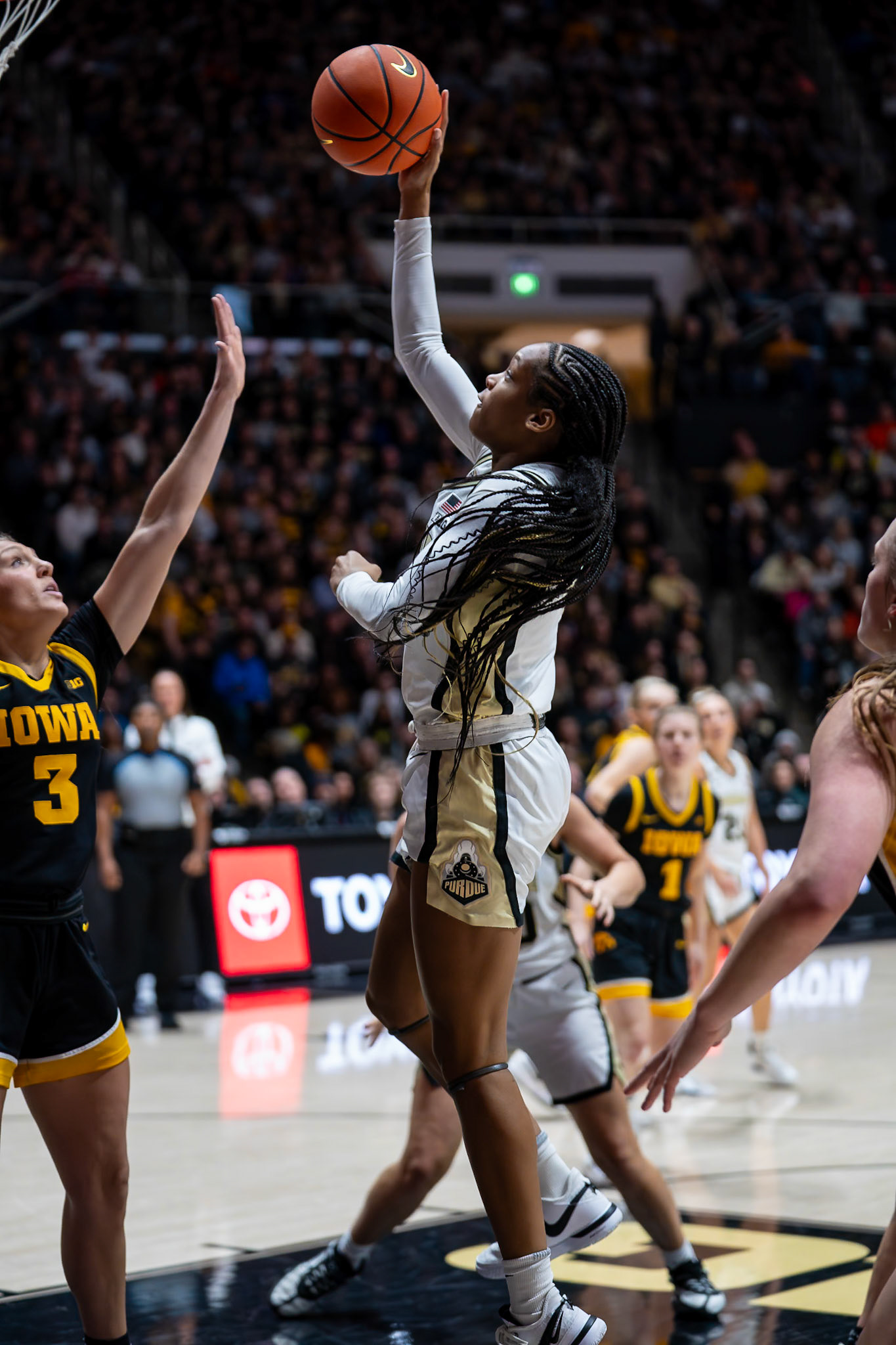 WEST LAFAYETTE, IN - JANUARY 10, 2024: Purdue Junior Guard Jayla Smith (3) competing in Purdue Boilermaker Women's Basketball vs the Iowa Hawkeyes at Mackey Arena(Photo by Steve Bowen / Bowen Arrow Photography / Northern Indiana Sports Report)