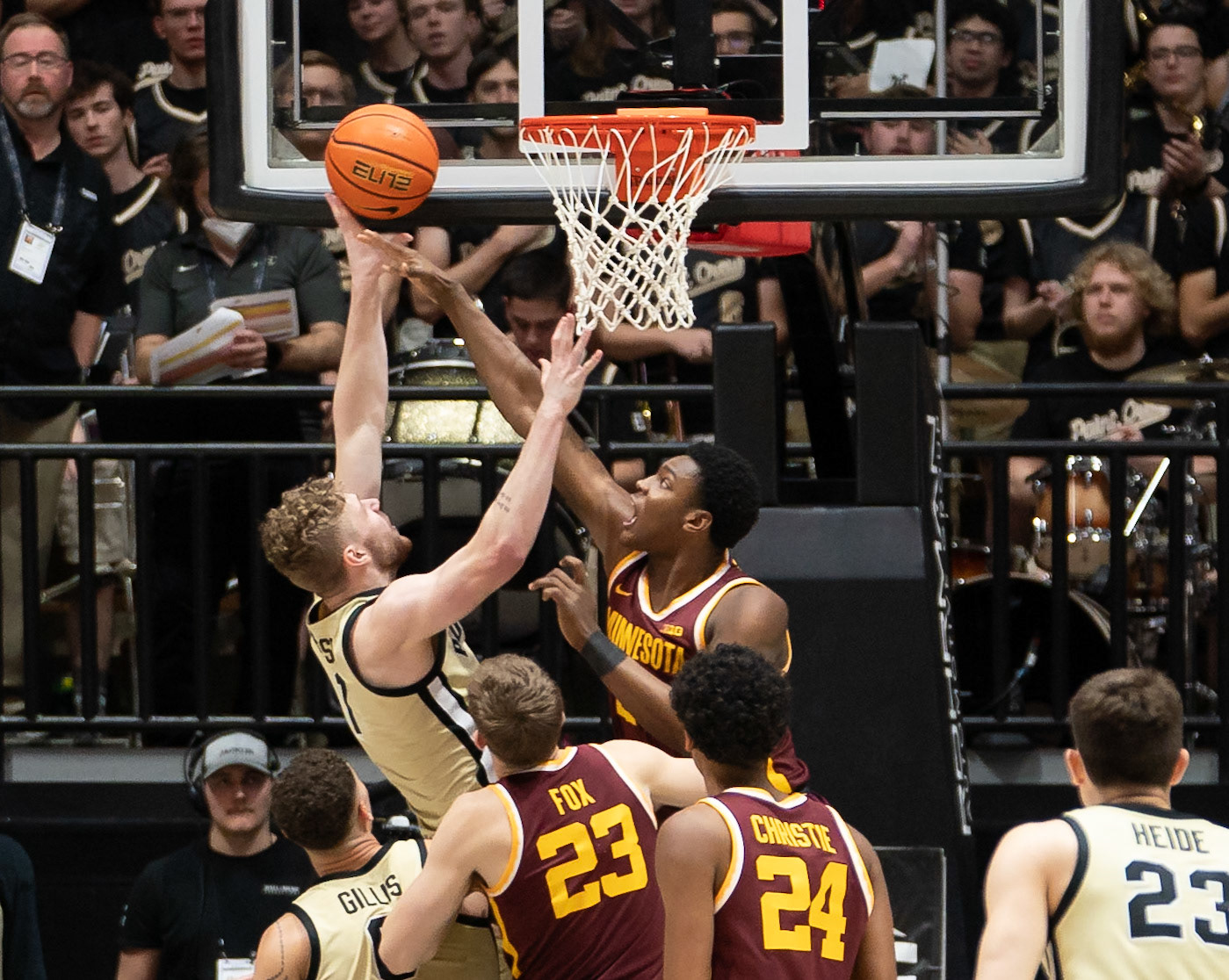 WEST LAFAYETTE, IN - FEBRUARY 15, 2024: Purdue Junior Forward Caleb Furst (1), Minnesota Sophomore Forward Pharrel Payne (21) in Purdue Boilermakers Men's Basketball vs the Minnesota Golden Gophers at Mackey Arena(Photo by Steve Bowen / Bowen Arrow Photography / Northern Indiana Sports Report)