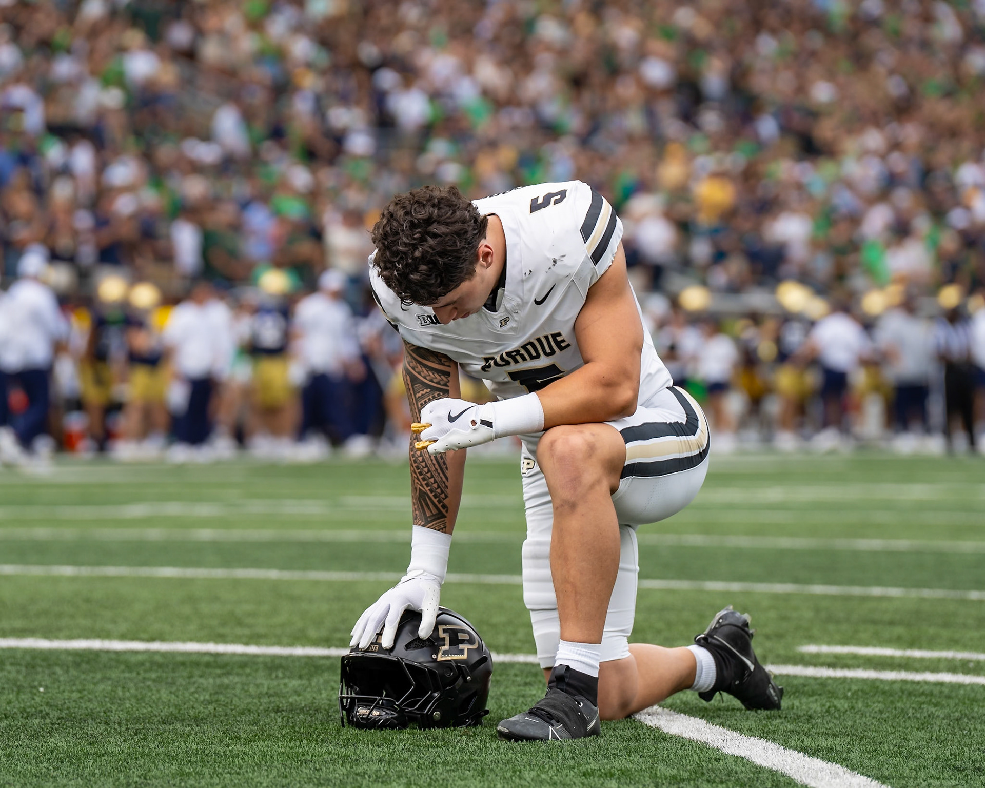 SOUTH BEND, IN - SEPTEMBER 20, 2025: Purdue University Sophomore Linebacker Charles Correa (5) taking a moment before the Purdue Boilermakers at Notre Dame Fighting Irish Football at Notre Dame Stadium(Photo by Steve Bowen / Northern Indiana Sports Report)