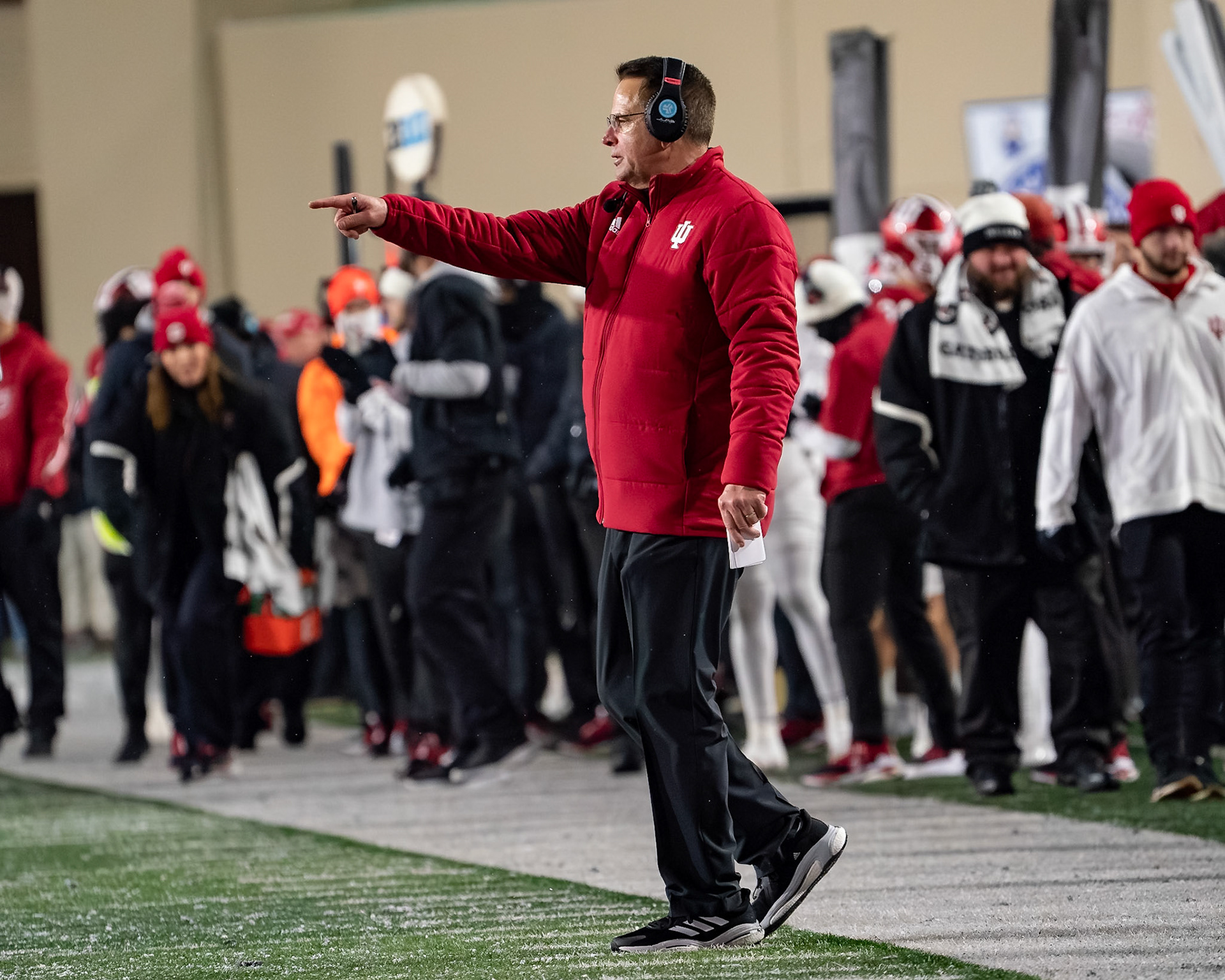 BLOOMINGTON, IN - NOVEMBER 30, 2024: Indiana University Head Coach Curt Cignetti during the Purdue University Boilermakers at Indiana University Hoosiers Football game at Memorial Stadium(Photo by Steve Bowen / Bowen Arrow Photography / Northern Indiana Sports Report)