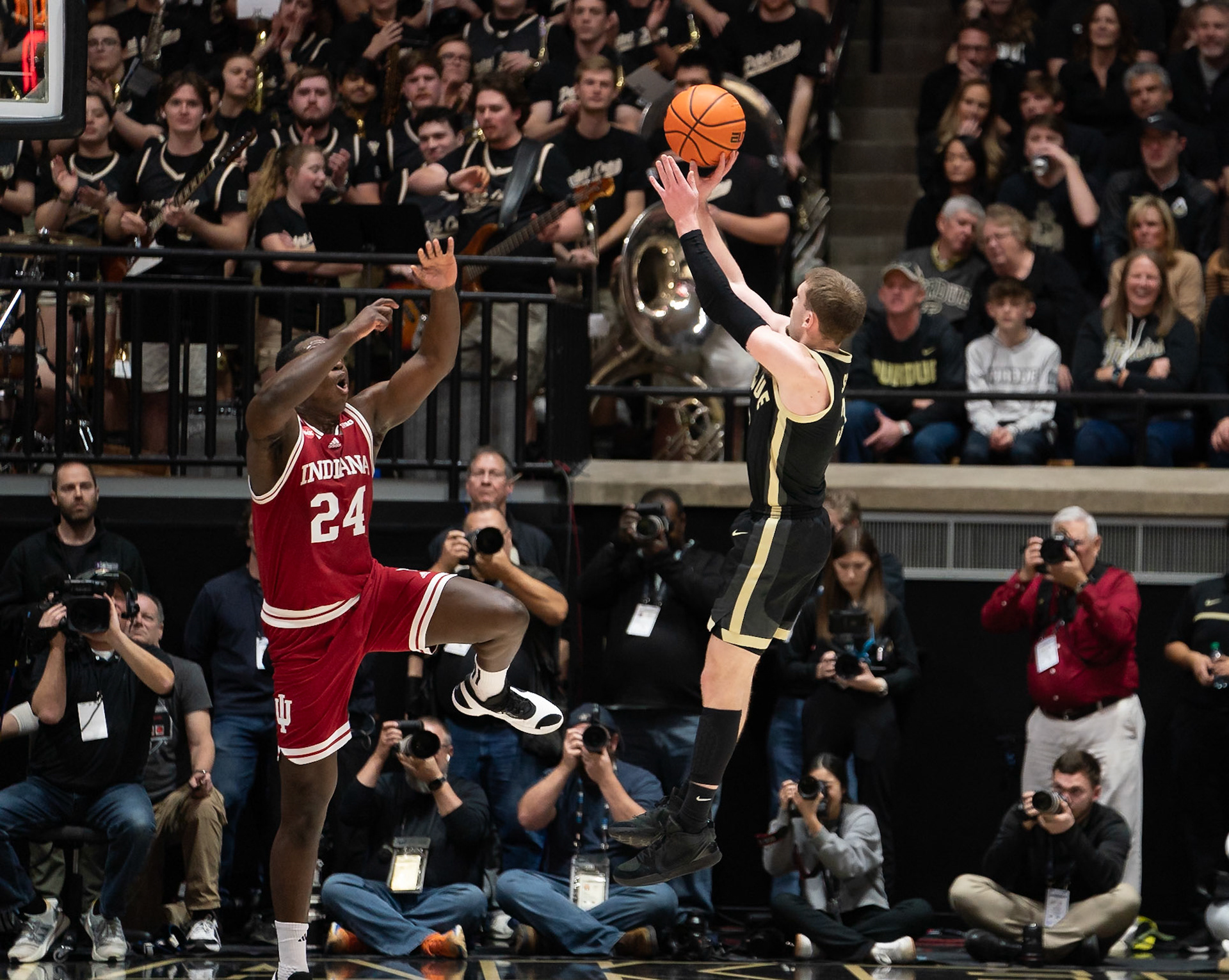 WEST LAFAYETTE, IN - FEBRUARY 10, 2024: Purdue Sophomore Guard Braden Smith (3), Indiana Junior Forward Payton Sparks (24) in Purdue Boilermaker vs Indiana Hoosiers Basketball at Mackey Arena(Photo by Steve Bowen / Bowen Arrow Photography / Northern Indiana Sports Report)