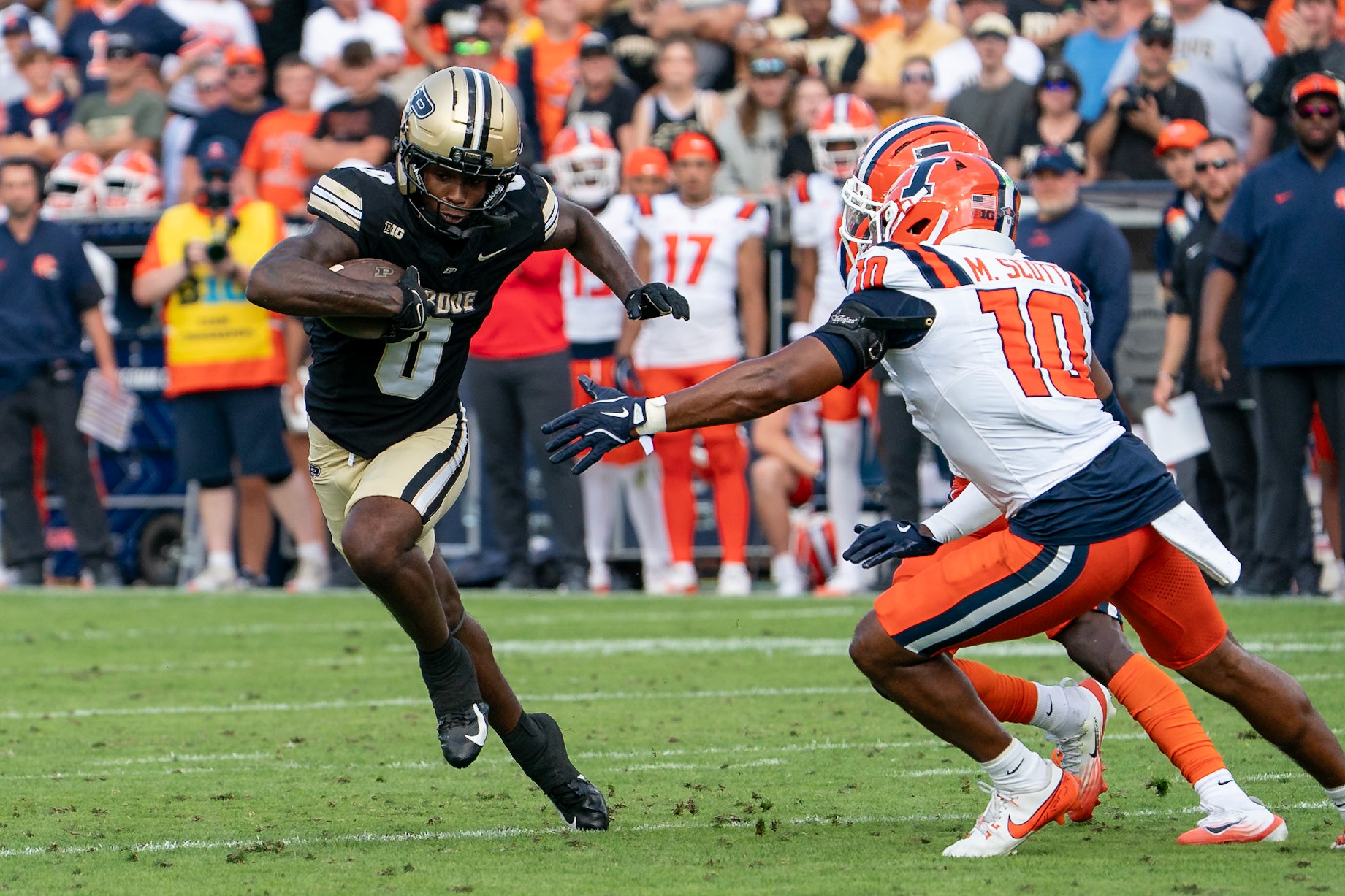 WEST LAFAYETTE, IN - OCTOBER 4, 2025: Purdue University Sophomore Wide Receiver Nitro Tuggle (0) trying to get past University of Illinois Senior DB Miles Scott (10) in Purdue Boilermaker Football vs University of Illinois Fighting Illini at Ross-Ade Stadium(Photo by Steve Bowen / Northern Indiana Sports Report)