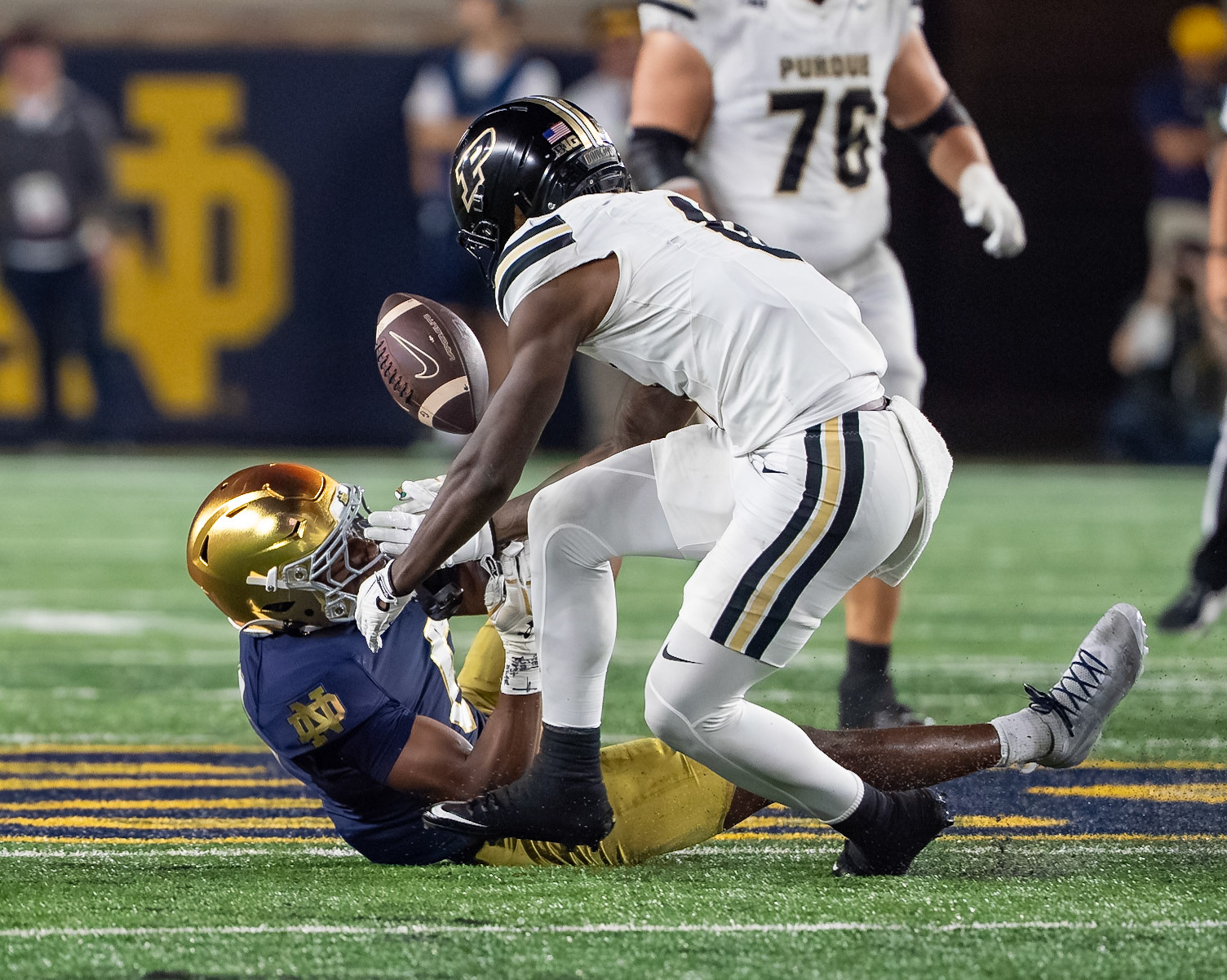 SOUTH BEND, IN - SEPTEMBER 20, 2025: Purdue University Sophomore Wide Receiver Nitro Tuggle (0) has the ball bouce away from him while Notre Dame University's Junior CB Christian Gray (6) tries to intercept it during the  Purdue Boilermakers at Notre Dame Fighting Irish Football at Notre Dame Stadium(Photo by Steve Bowen / Northern Indiana Sports Report)