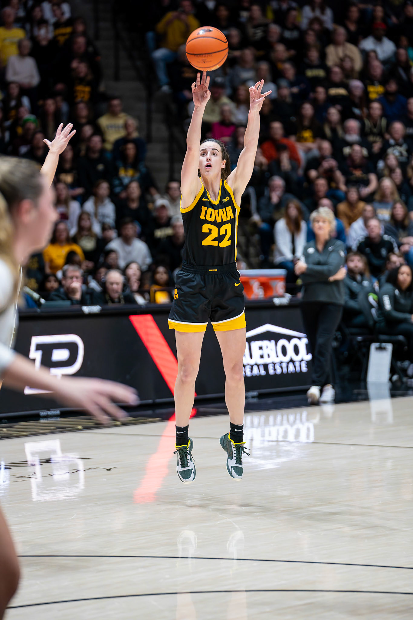 WEST LAFAYETTE, IN - JANUARY 10, 2024: Iowa Guard Senior Caitlin Clark (22) competing in Purdue Boilermaker Women's Basketball vs the Iowa Hawkeyes at Mackey Arena(Photo by Steve Bowen / Bowen Arrow Photography / Northern Indiana Sports Report)
