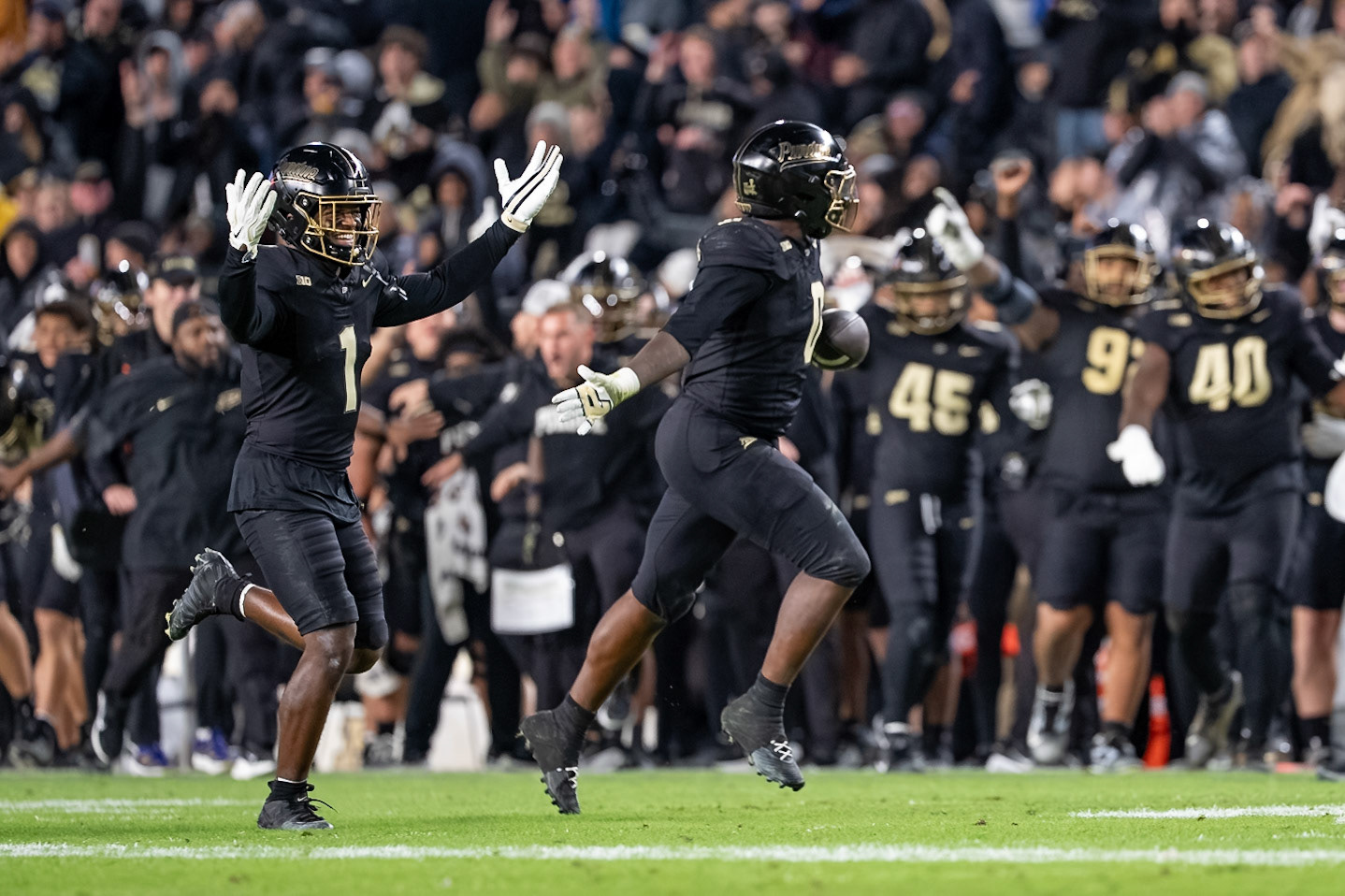WEST LAFAYETTE, IN - OCTOBER 16, 2026: Purdue University Junior Linebacker Jojo Hayden (0), Purdue University Junior Defensive Back Smiley Bradford (1) during the Purdue Boilermakers vs Washington Huskies football game at Ross-Ade Stadium(Photo by Steve Bowen / Northern Indiana Sports Report)