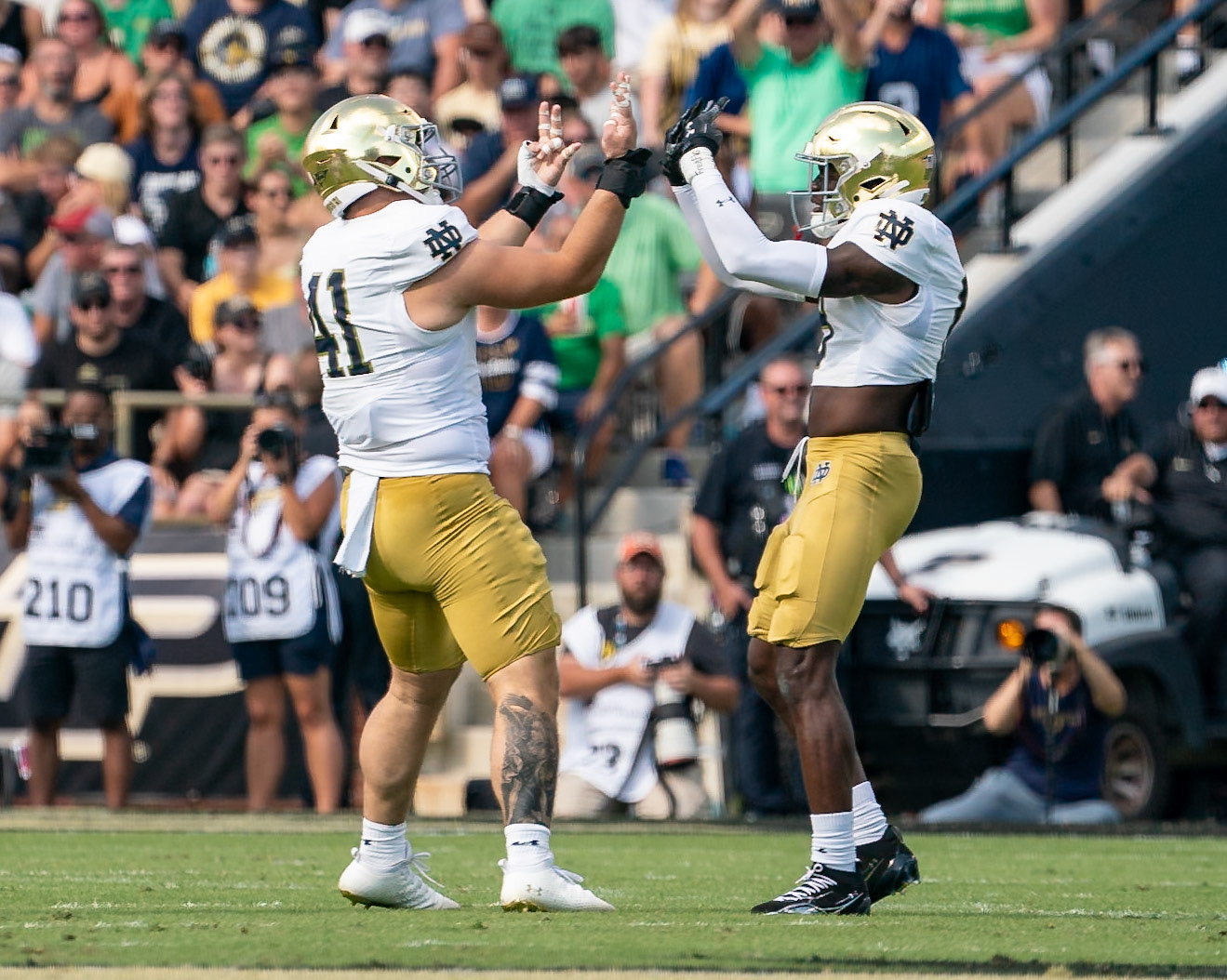 WEST LAFAYETTE, IN - SEPTEMBER 14, 2024: Notre Dame Sophomore DL Donovan Hinish (41), Notre Dame Freshman S Adon Shuler (8) during the Purdue University Boilermakers vs Notre Dame Fighting Irish Football game at Ross-Ade Stadium(Photo by Steve Bowen / Bowen Arrow Photography / Northern Indiana Sports Report)