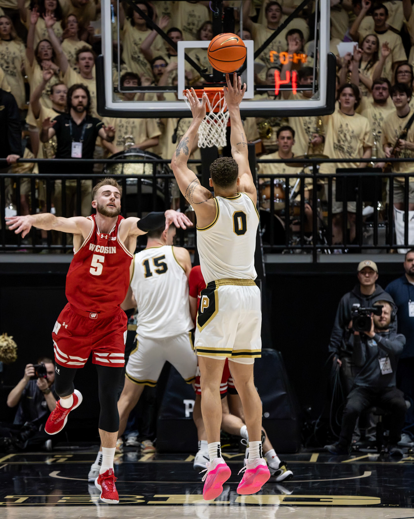 WEST LAFAYETTE, IN - MARCH 10, 2024: Purdue Senior Forward Mason Gillis (0), Wisconsin Graduate Forward Tyler Wahl (5) competing in Purdue University Boilermaker Basketball vs University of Wisconsin Badgers at Mackey Arena(Photo by Steve Bowen / Bowen Arrow Photography / Northern Indiana Sports Report)