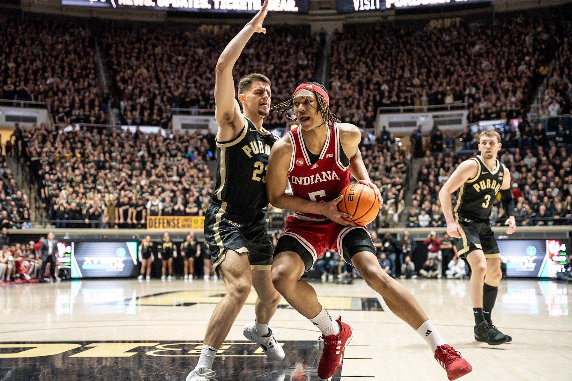 WEST LAFAYETTE, IN - FEBRUARY 10, 2024: Indiana Sophomore Forward Malik Reneau (5), Purdue Redshirt Freshman Forward Camden Heide (23) in Purdue Boilermaker vs Indiana Hoosiers Basketball at Mackey Arena(Photo by Steve Bowen / Bowen Arrow Photography / Northern Indiana Sports Report)