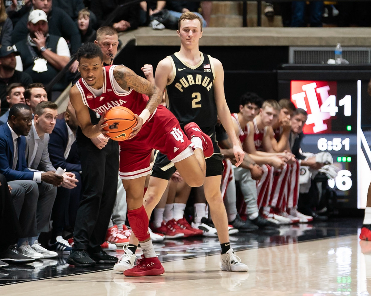 WEST LAFAYETTE, IN - FEBRUARY 10, 2024: Indiana Sophomore Guard CJ Gunn (11), Purdue Sophomore Guard Fletcher Loyer (2) in Purdue Boilermaker vs Indiana Hoosiers Basketball at Mackey Arena(Photo by Steve Bowen / Bowen Arrow Photography / Northern Indiana Sports Report)