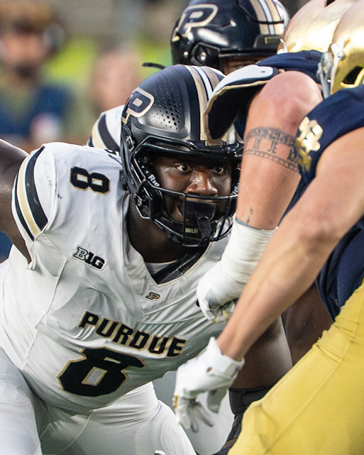 SOUTH BEND, IN - SEPTEMBER 20, 2025: Purdue University Junior Defensive End CJ Madden (8) rushing the line after the ball is snapped during the Purdue Boilermakers at Notre Dame Fighting Irish Football at Notre Dame Stadium(Photo by Steve Bowen / Northern Indiana Sports Report)