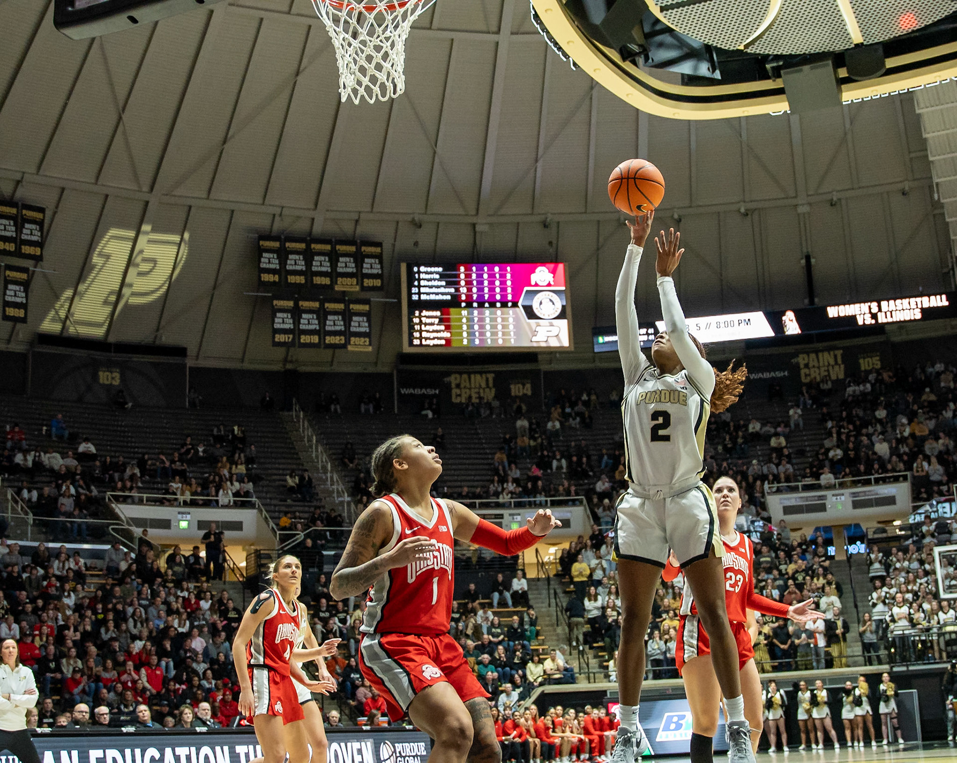 WEST LAFAYETTE, IN - JANUARY 28, 2024: Purdue Freshman Guard Rashunda Jones (2), Ohio State Guard Redshirt Senior Rikki Harris (1) competing in Purdue Boilermaker Women's Basketball versus the Ohio State Buckeyes at Mackey Arena(Photo by Steve Bowen / Bowen Arrow Photography / Northern Indiana Sports Report)
