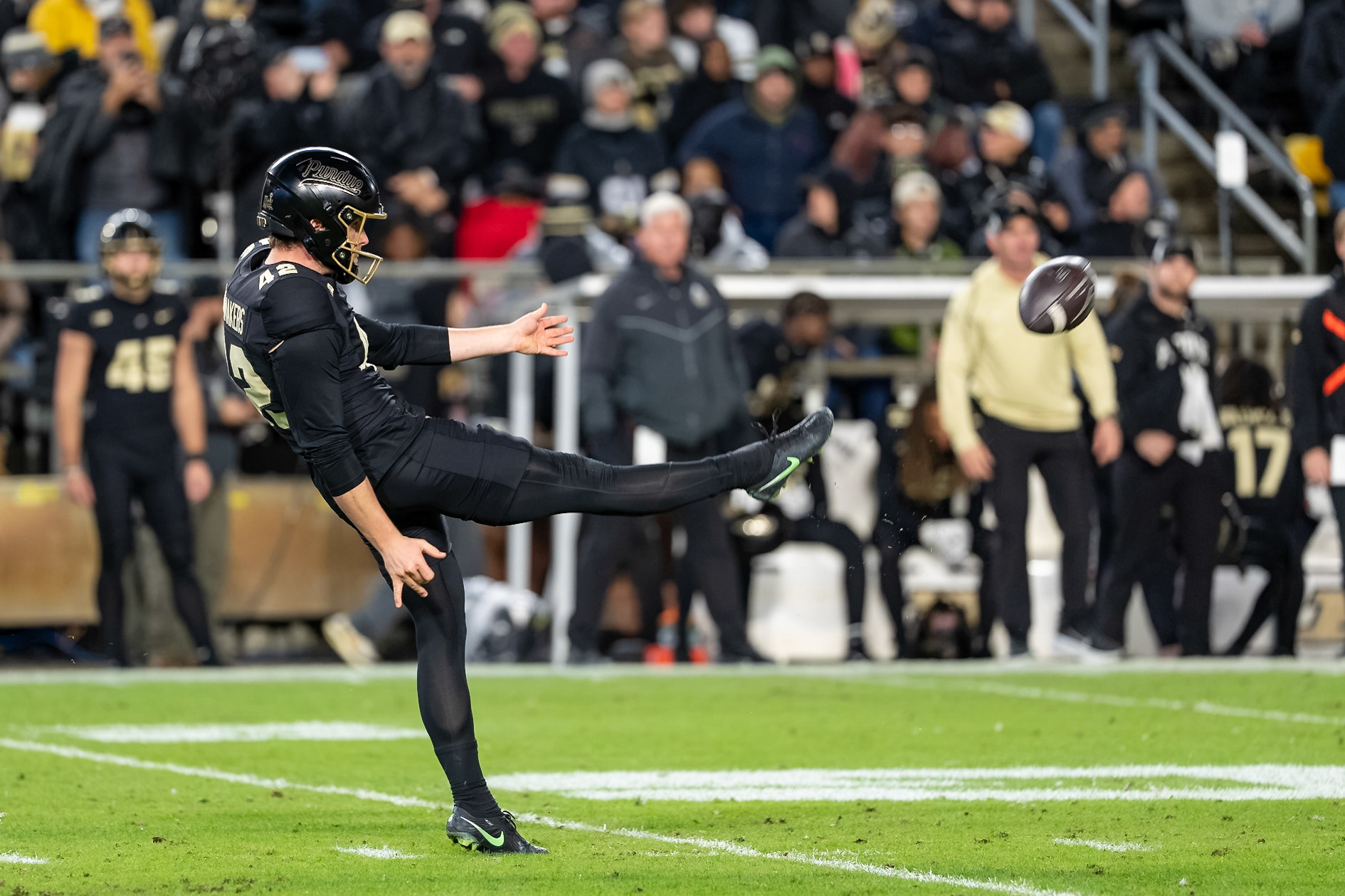 WEST LAFAYETTE, IN - OCTOBER 16, 2026: Purdue University Freshman Punter Dylan Drennan (42) during the Purdue Boilermakers vs Washington Huskies football game at Ross-Ade Stadium(Photo by Steve Bowen / Northern Indiana Sports Report)