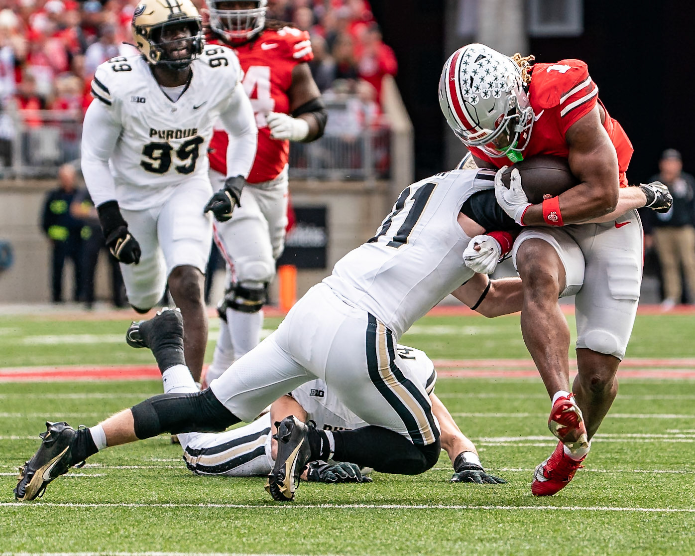 COLUMBUS UNIVERSITY, OH - NOVEMBER 9, 2024: Purdue University's sensational Sophomore Defensive Back Dillon Thieneman (31) lays a hit on Ohio State University Junior Running Back Quinshon Judkins (1) in Purdue University Boilermakers at University of Ohio Buckeyes Football game at Ohio Stadium(Photo by Steve Bowen / Bowen Arrow Photography / Northern Indiana Sports Report)