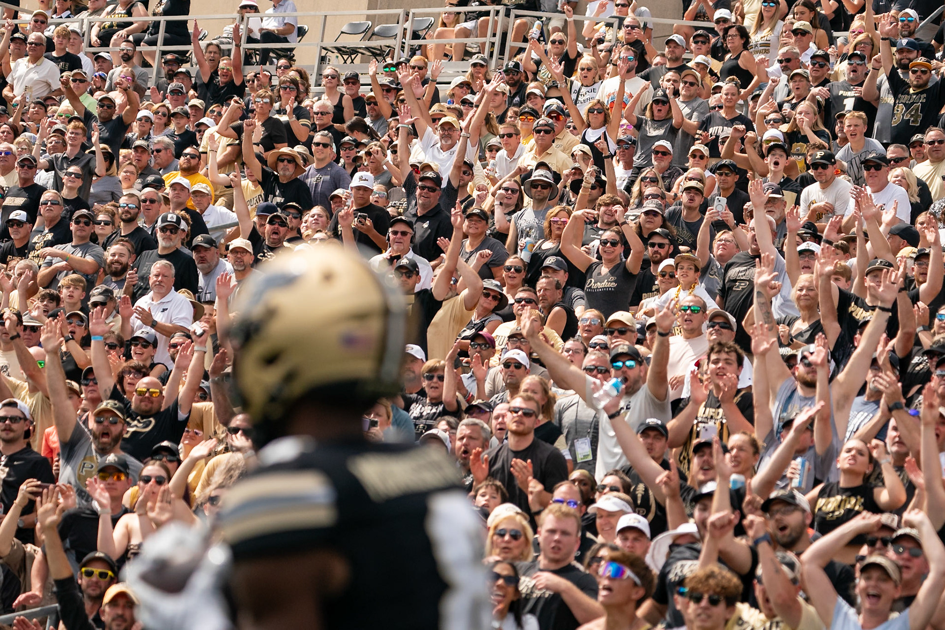 WEST LAFAYETTE, IN - AUGUST 31, 2024: Purdue fans cheer a Boilermaker touchdown at the Purdue Boilermaker Football vs Indiana State Sycamores at Ross-Ade Stadium(Photo by Steve Bowen / Bowen Arrow Photography / Northern Indiana Sports Report)