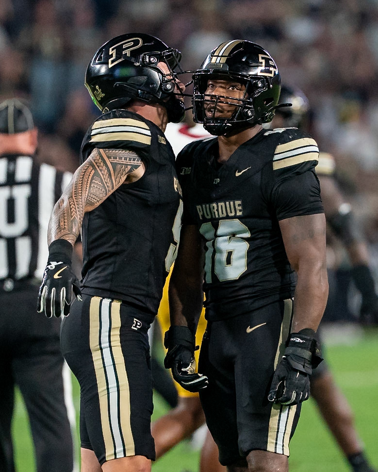 WEST LAFAYETTE, IN - SEPTEMBER 13, 2025: Purdue University Sophomore Linebacker Charles Correa (5), Purdue University Senior Linebacker Mani Powell (16) in Purdue Boilermaker Football vs University of Southern California Trojans at Ross-Ade Stadium(Photo by Steve Bowen / Northern Indiana Sports Report)