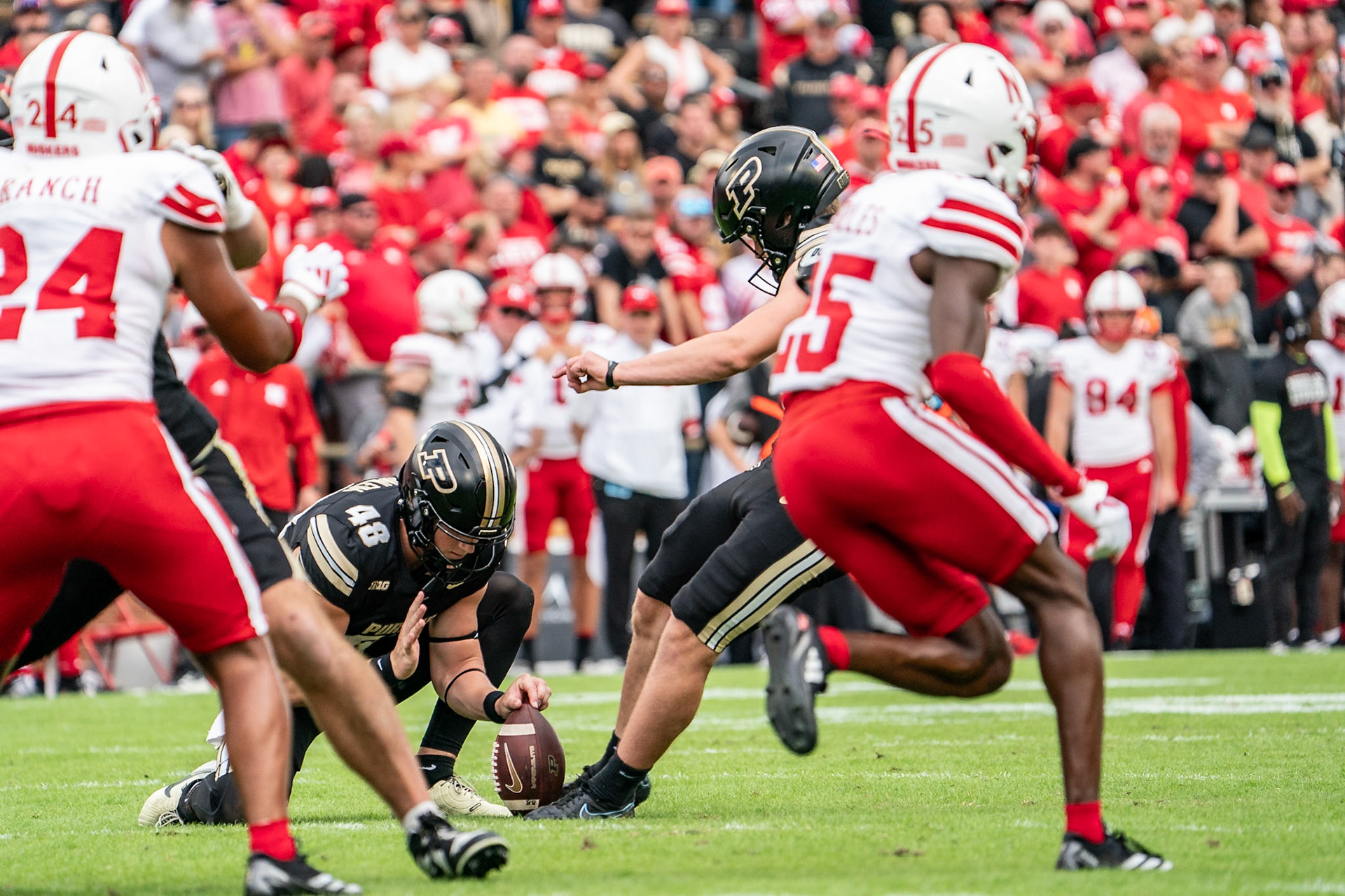 WEST LAFAYETTE, IN - SEPTEMBER 28, 2024: Purdue University Freshman Kicker Spencer Porath (35), Purdue University Sophomore Punter Bennett Boehnlein (48) during the Purdue University Boilermakers vs Nebraska University Cornhuskers Football game at Ross-Ade Stadium(Photo by Steve Bowen / Bowen Arrow Photography / Northern Indiana Sports Report)