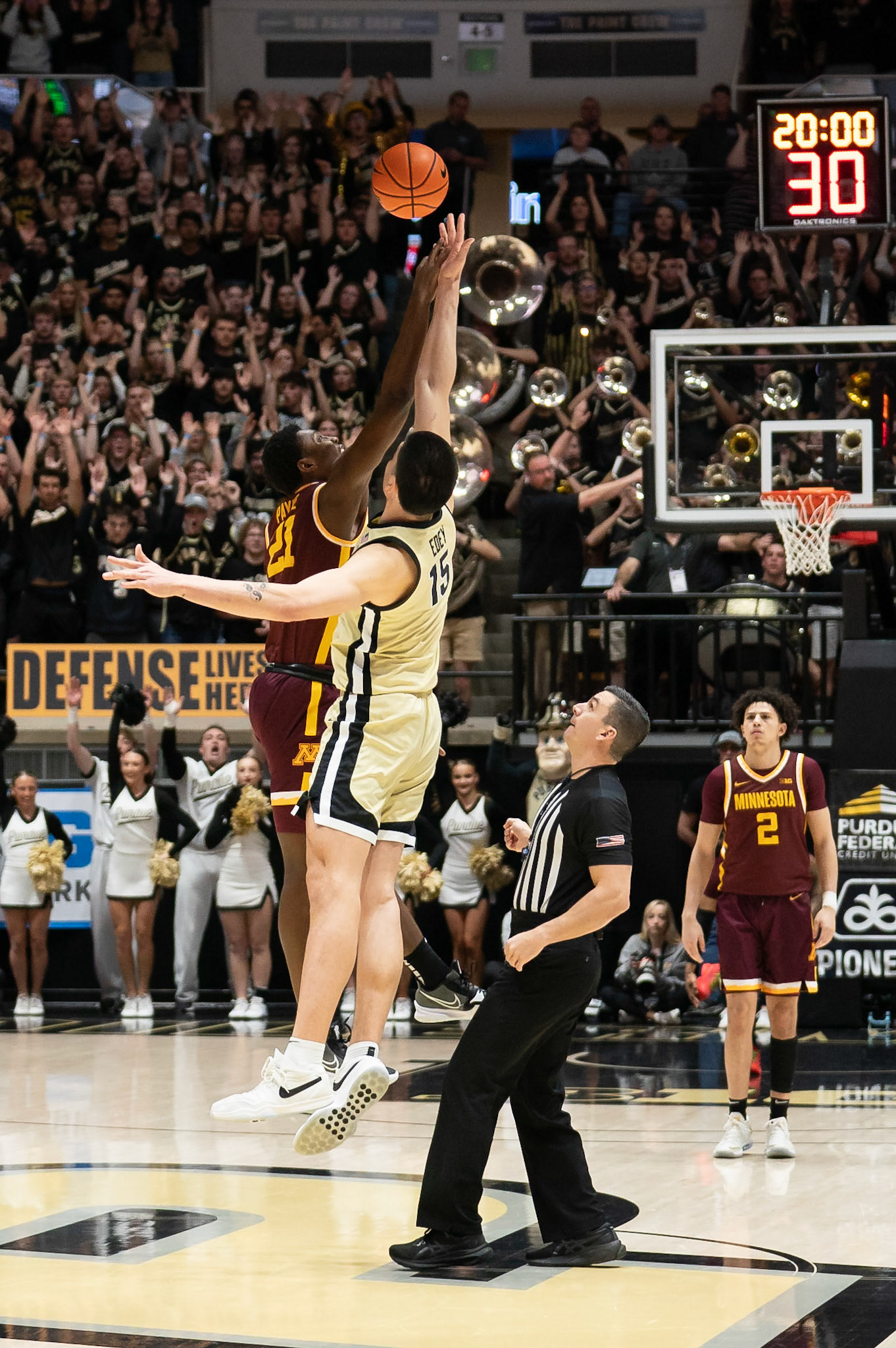 WEST LAFAYETTE, IN - FEBRUARY 15, 2024: Purdue Senior Center Zach Edey (15), Minnesota Sophomore Forward Pharrel Payne (21) in Purdue Boilermakers Men's Basketball vs the Minnesota Golden Gophers at Mackey Arena(Photo by Steve Bowen / Bowen Arrow Photography / Northern Indiana Sports Report)
