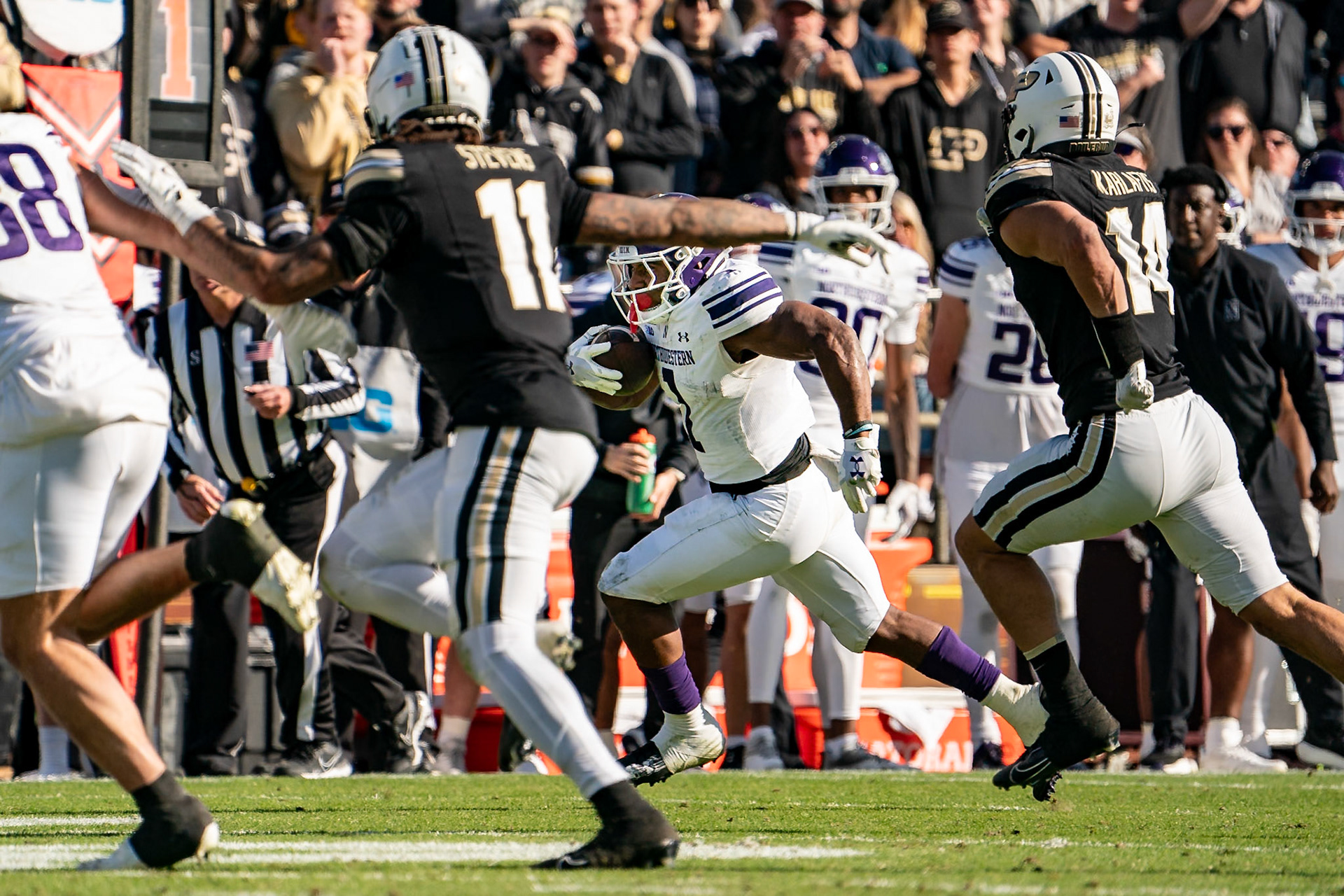 WEST LAFAYETTE, IN - NOVEMBER 2, 2024: Northwestern University Running Back Cam Porter (1) during the Purdue University Boilermakers vs Northwestern University Wildcats Football game at Ross-Ade Stadium(Photo by Steve Bowen / Bowen Arrow Photography / Northern Indiana Sports Report)