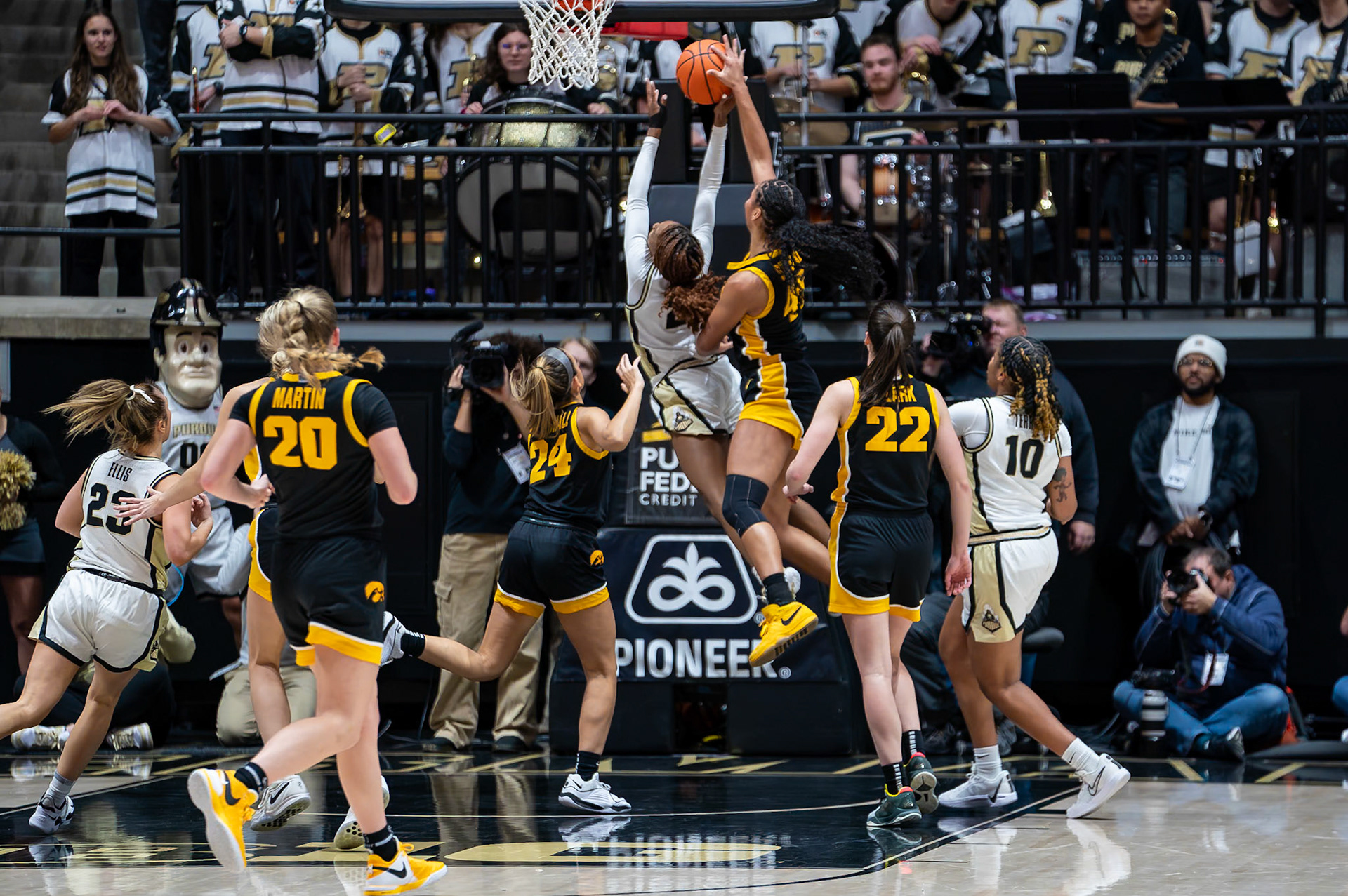 WEST LAFAYETTE, IN - JANUARY 10, 2024: Iowa Forward Sophomore Hannah Stuelke (45), Purdue Freshman Guard Rashunda Jones (2) competing in Purdue Boilermaker Women's Basketball vs the Iowa Hawkeyes at Mackey Arena(Photo by Steve Bowen / Bowen Arrow Photography / Northern Indiana Sports Report)