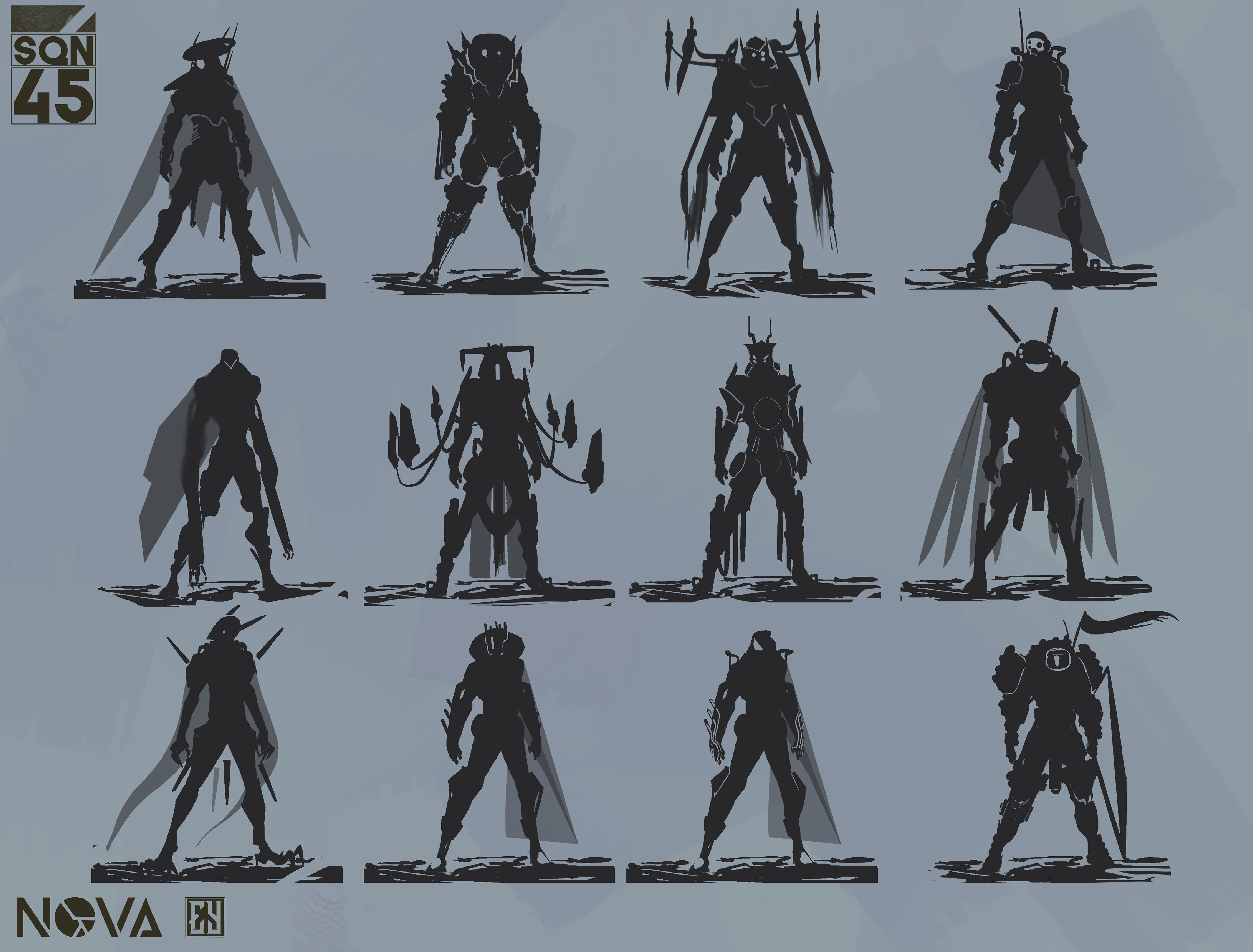 A thumbnail sheet showing silhouette ideas for several SPARK Designs.