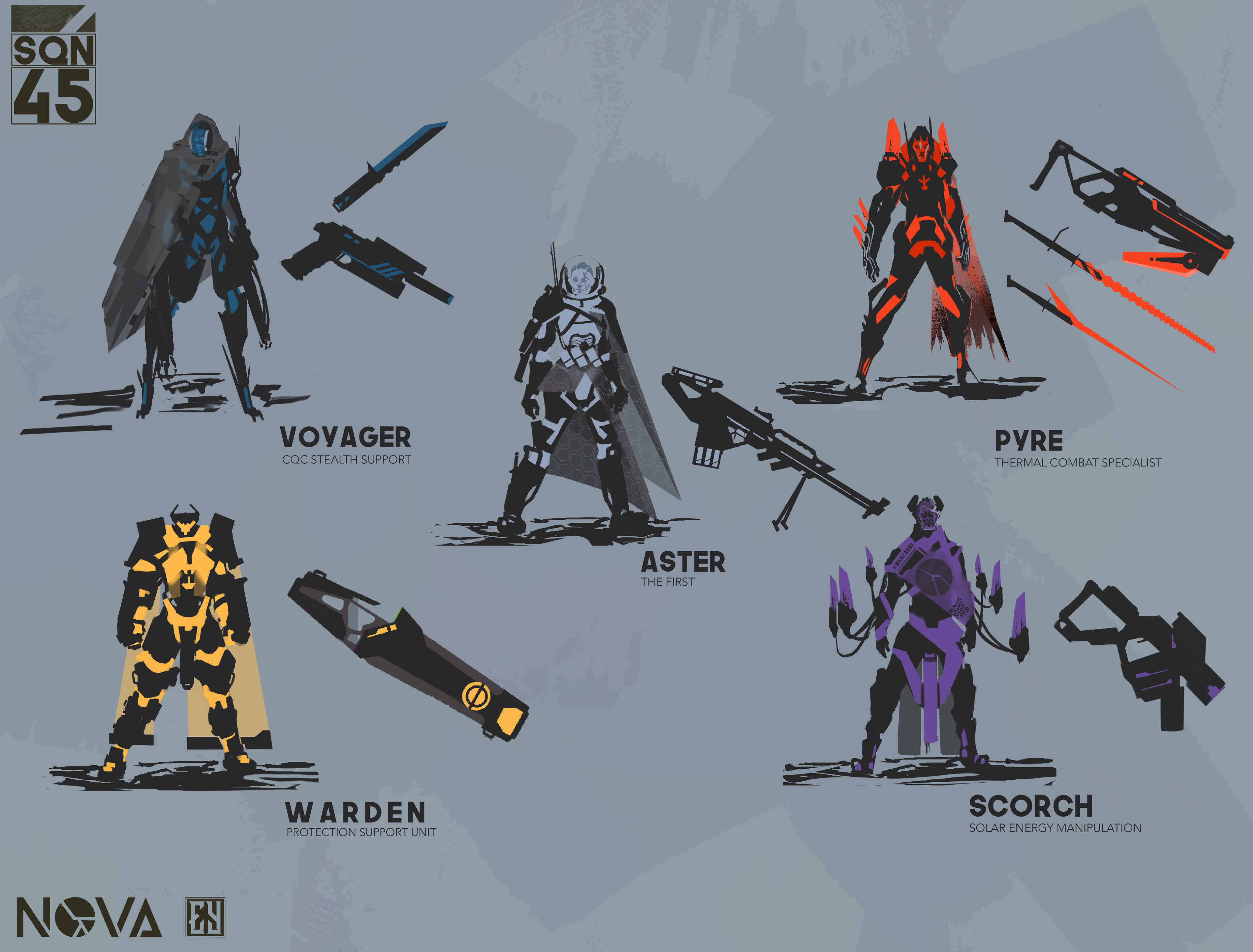 Early concept art for SPARK suits, these are developed to show 5 of the major classes of the game.