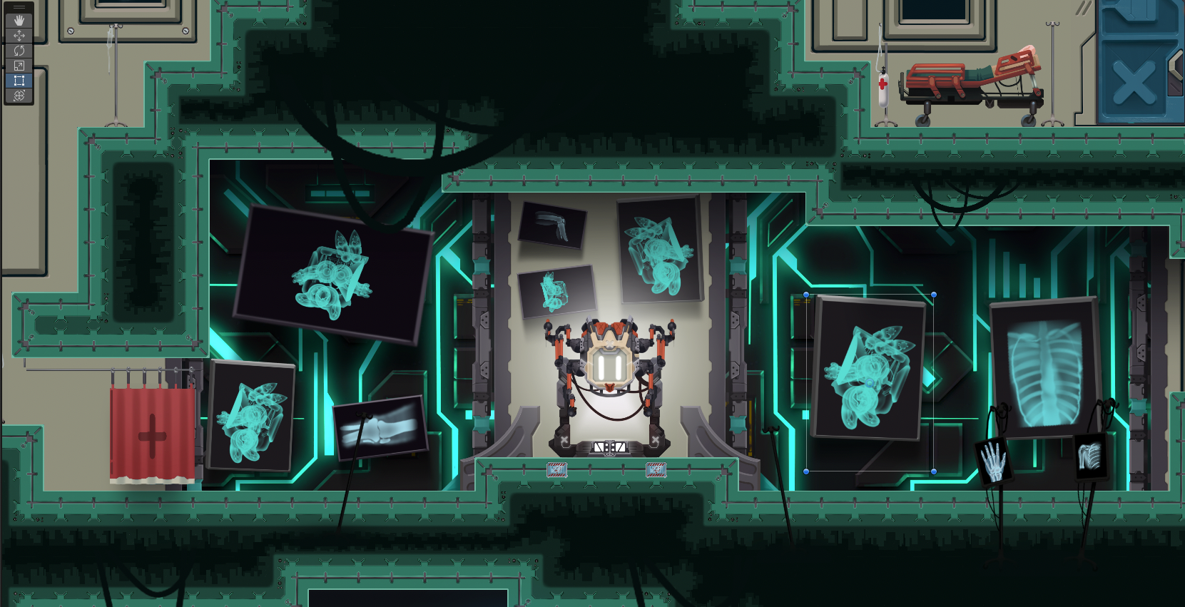 A save point surrounded by X-Rays of the Character