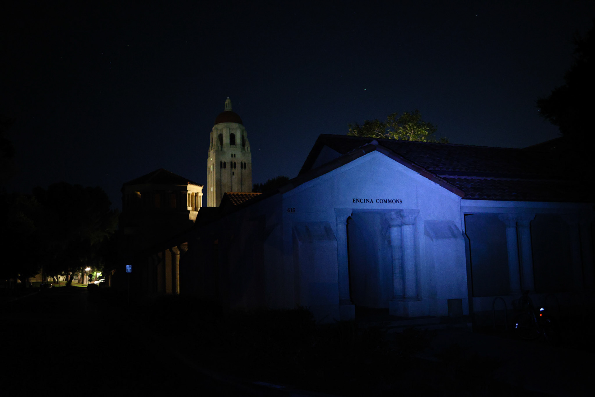 Encina Commons illuminated with a flashlight