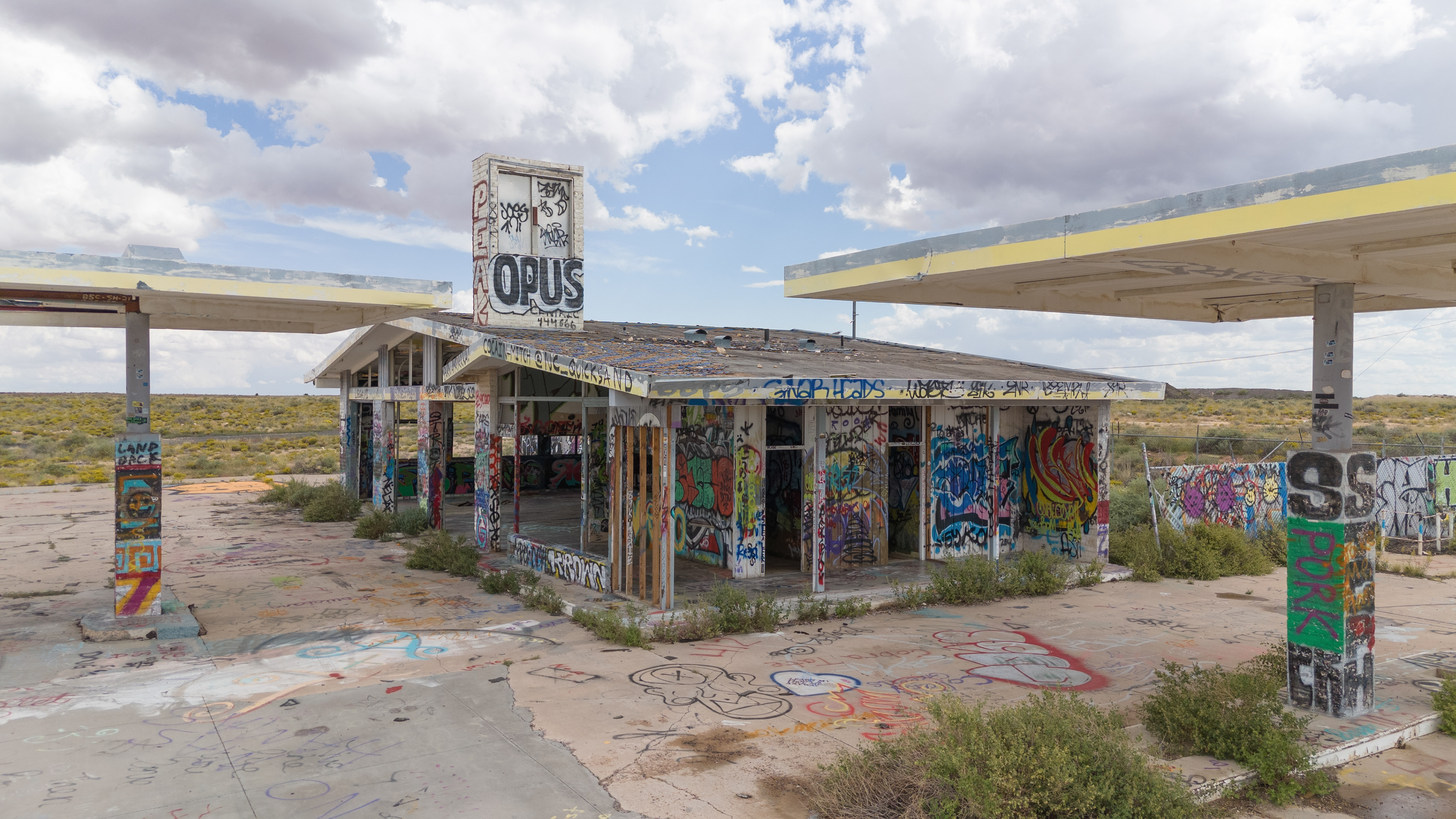 aerial view of abandoned gas station 