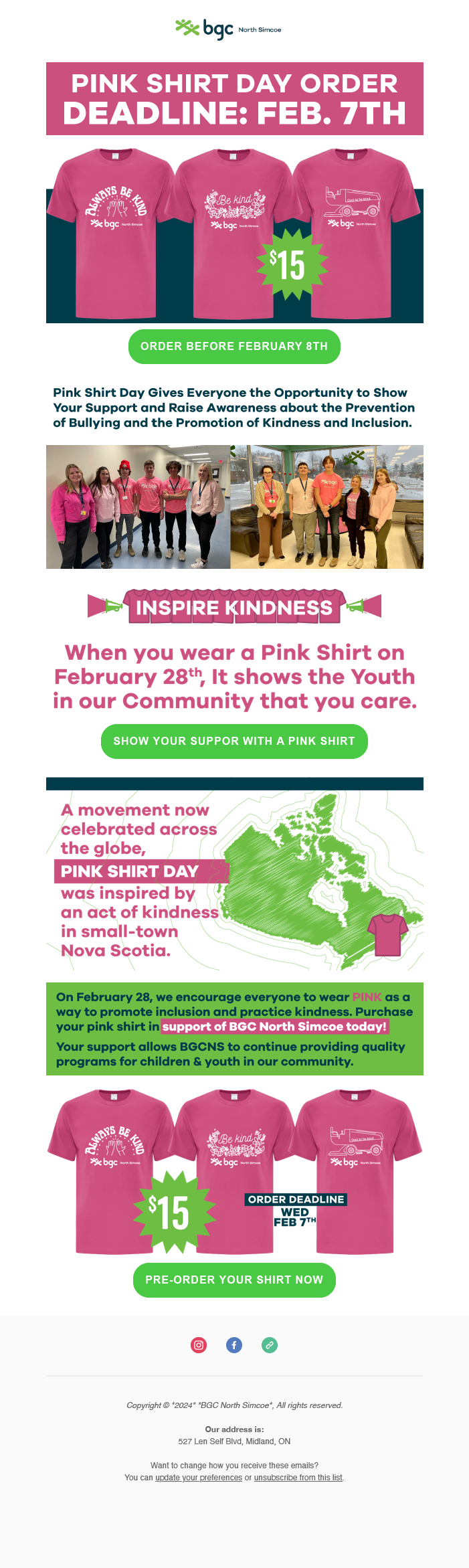 Reminder eBlast for Pink Shirt Day Campaign