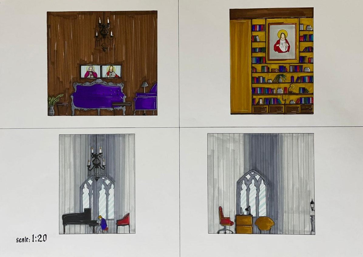the elevations are the guest room, library, piano room, and the office