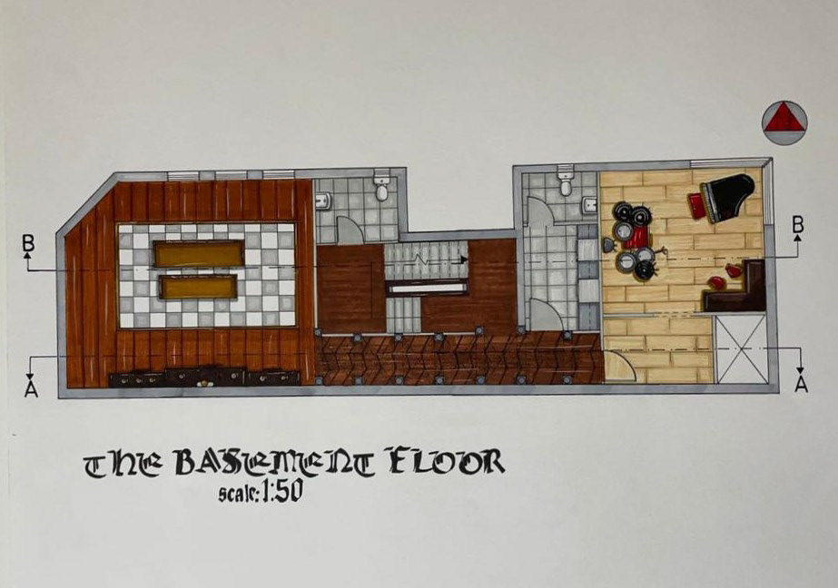 the Basement Floor Plan contains (music room, 2 bathrooms, laundry room, and prayer room)